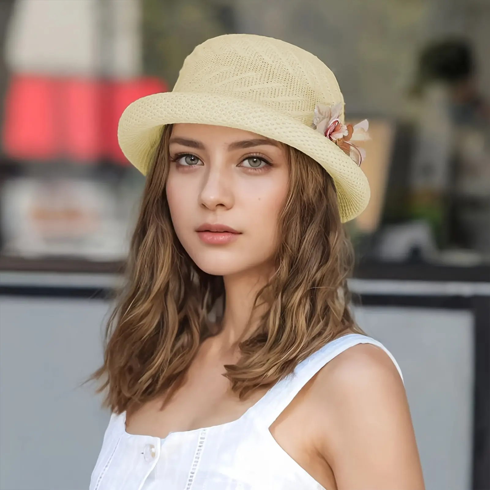 Womens Summer Sun Hat Flower Bucket Hats Rolled Brim Sun Shade Outdoor Beach Travel Bucket Hats for Fishing Camping Traveling