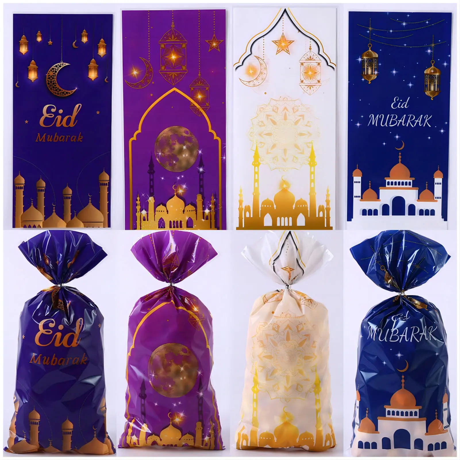 50pcs Eid Mubarak Candy Bags Cellophane Muslim Theme Goody Treat Bags Ramadan Eid Gift Bags for Party Favor Supplies