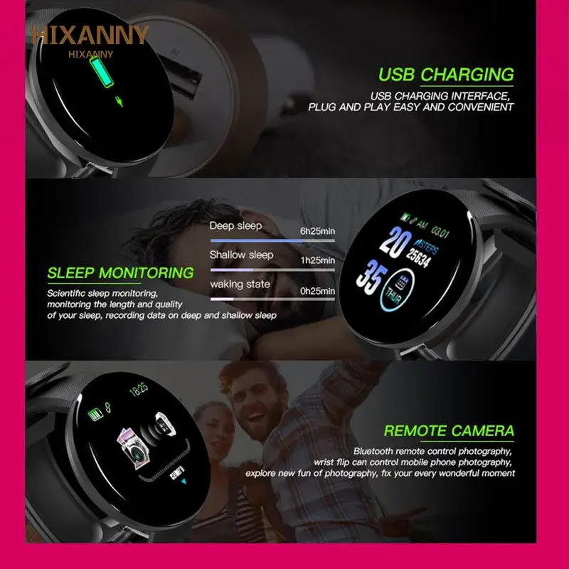 D18 Smart Watch Heart Rate Monitor Men's Women's Smartwatch Round Fitness Digital Watches for Men Women Band Bracelet PK D20 Y68