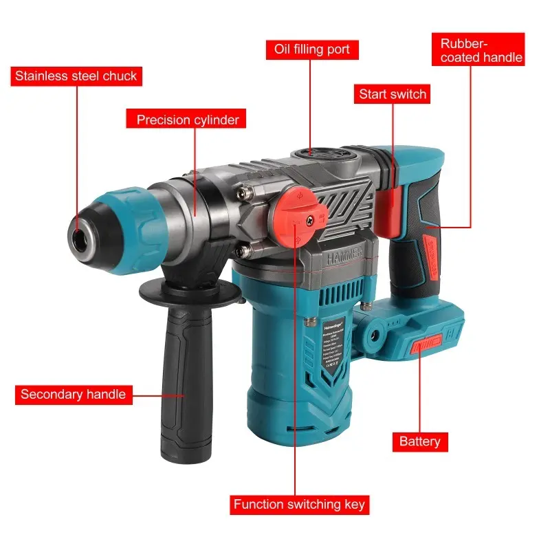 Heimerdinger Cordless brushless Rotary Hammer Drill, 1-1/8" SDS-Plus 3.2J Multi-functional Heavy Duty hammer drill, No battery