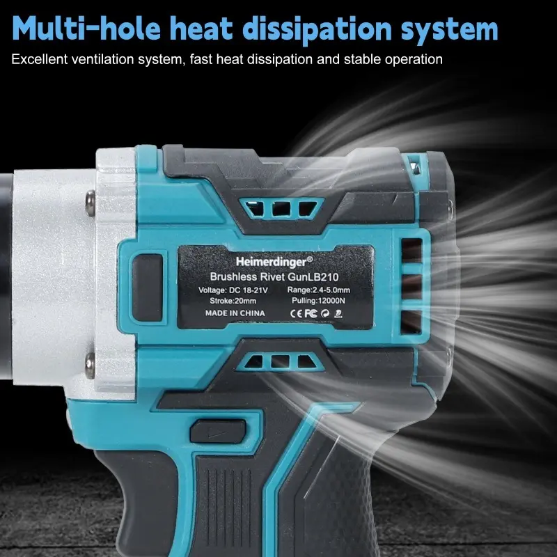 Heimerdinger Brushless Rivet Gun Cordless, 2.4-5.0cm Range, 12000N Pulling Force, Forward/Reverse, Multi-Hole Cooling,No battery
