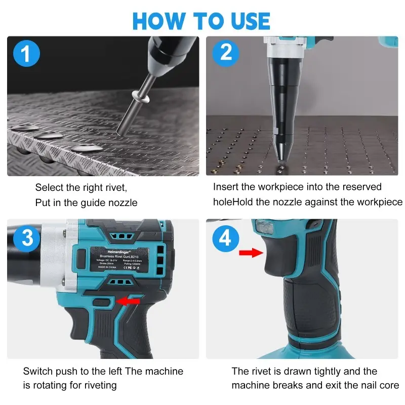 Heimerdinger Brushless Rivet Gun Cordless, 2.4-5.0cm Range, 12000N Pulling Force, Forward/Reverse, Multi-Hole Cooling,No battery