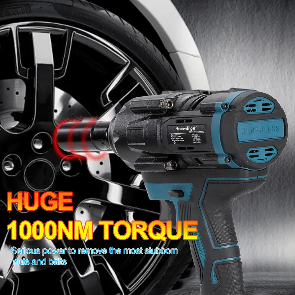 Heimerdinger 18V 1000NM 1/2 brushless cordless impact wrench compatible with makita battery for car, truck repair, No battery