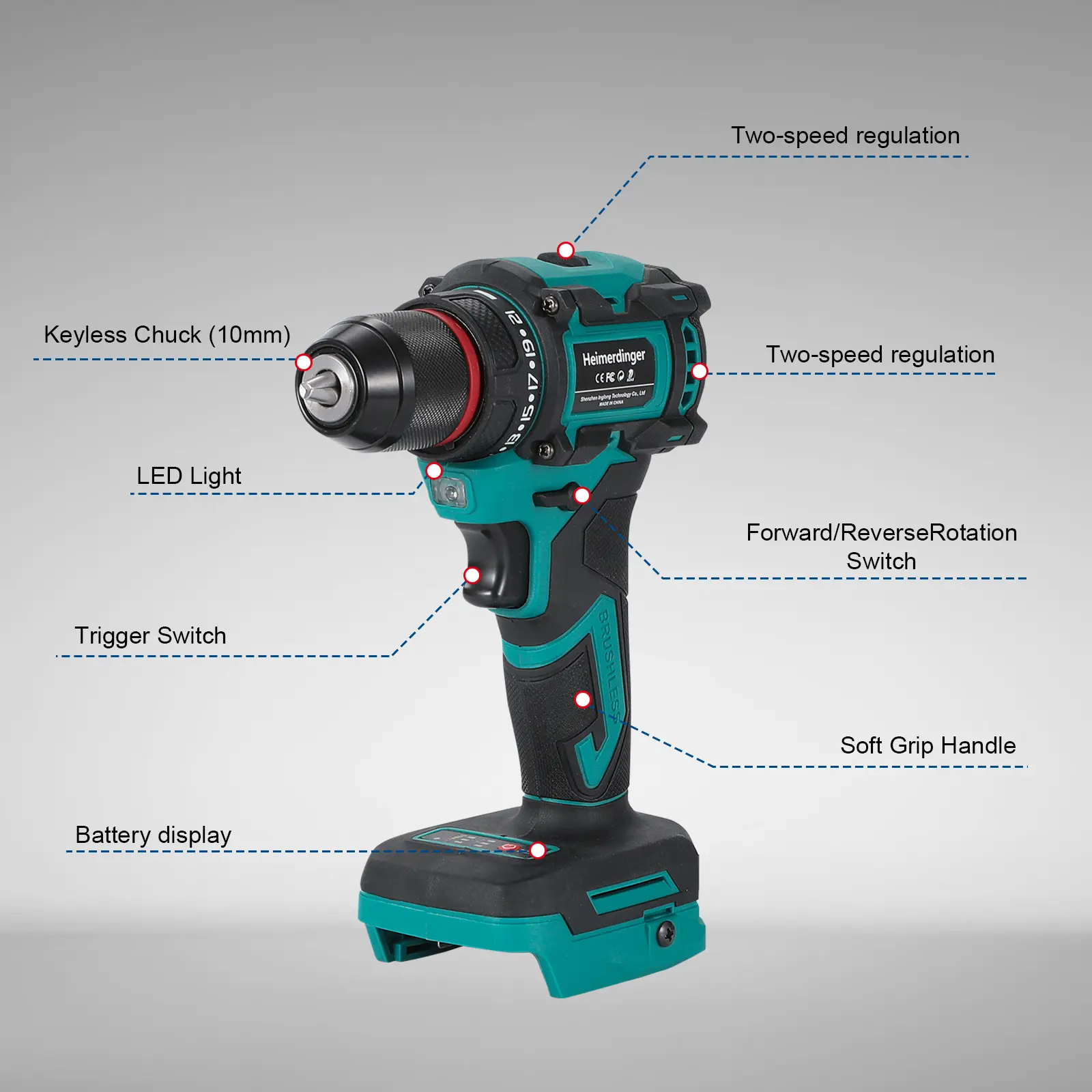 Heimerdiner 10mm Cordless Brushless Electric Drill 2-Speed Screwdriver Home DIY Tool For Makita 18V Battery(No Battery)