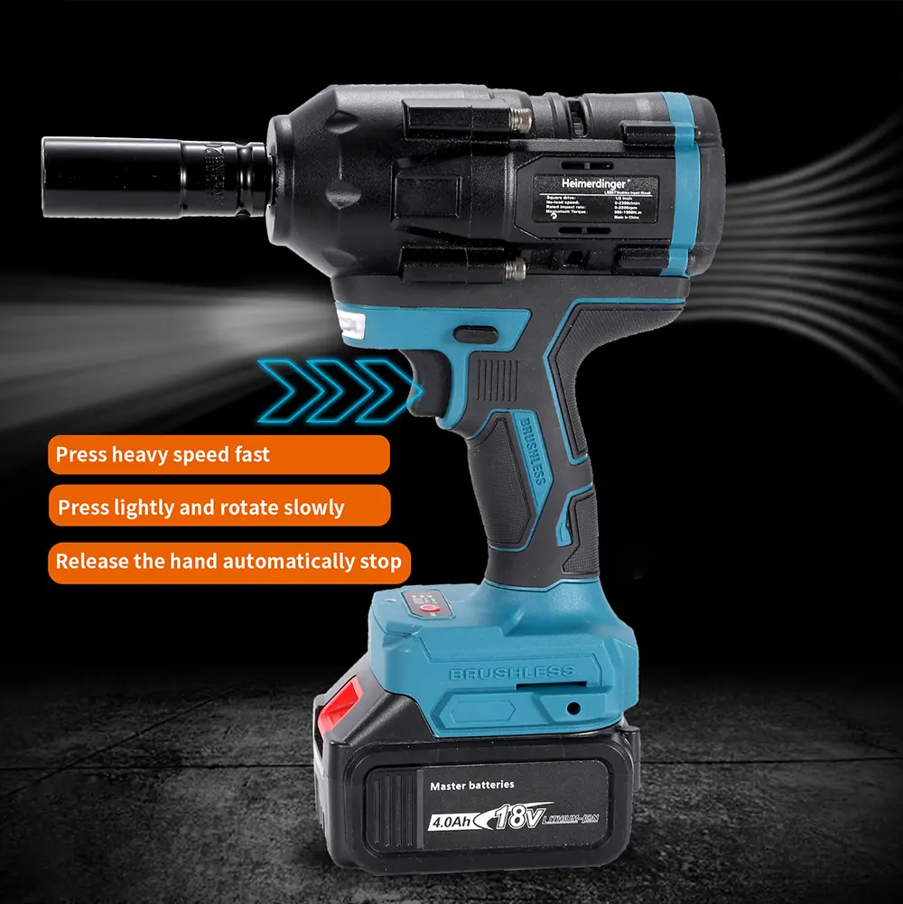 Heimerdinger 18V 1000NM 1/2 brushless cordless impact wrench compatible with makita battery for car, truck repair, No battery