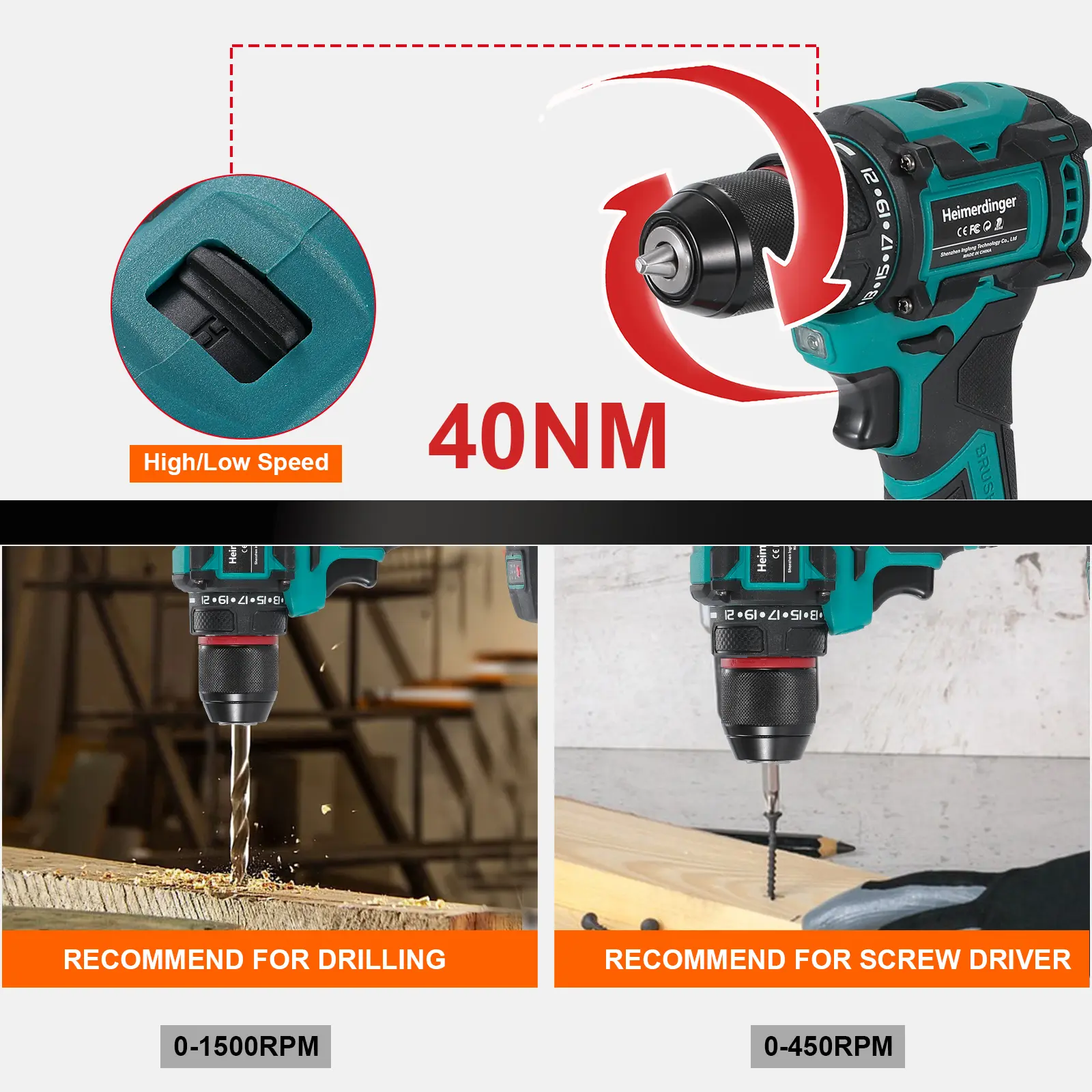 Heimerdiner 10mm Cordless Brushless Electric Drill 2-Speed Screwdriver Home DIY Tool For Makita 18V Battery(No Battery)