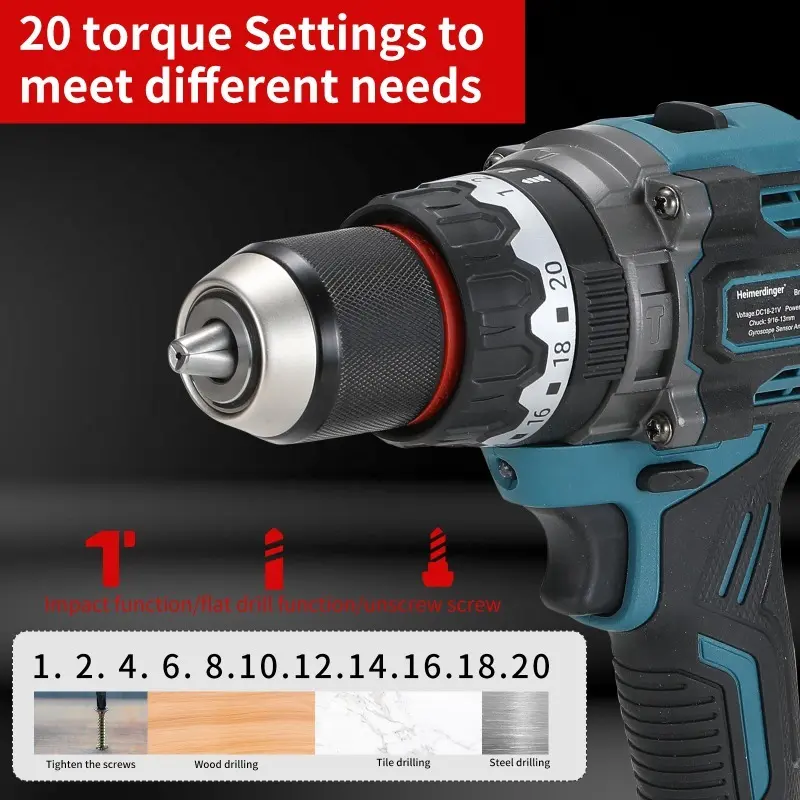 13mm 160NM Cordless Drill Brushless Impact Drill Auto-locking Chuck Ice Drill Fishing with Anti-Twister Gyro Sensor, No battery