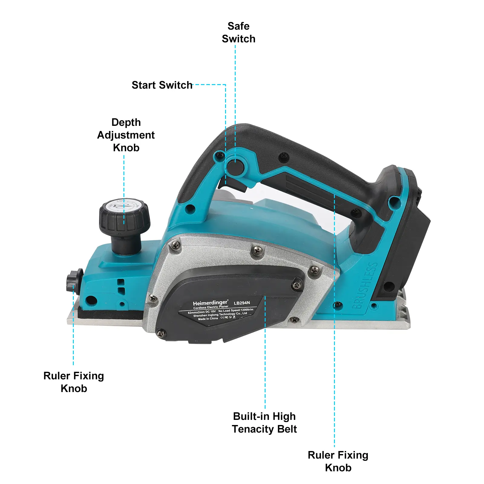 Heimerdinger 18V Rechargeable Lithium Battery Powered Handheld Woodworking Tool Brushless  Cordless Electric Planer, No battery