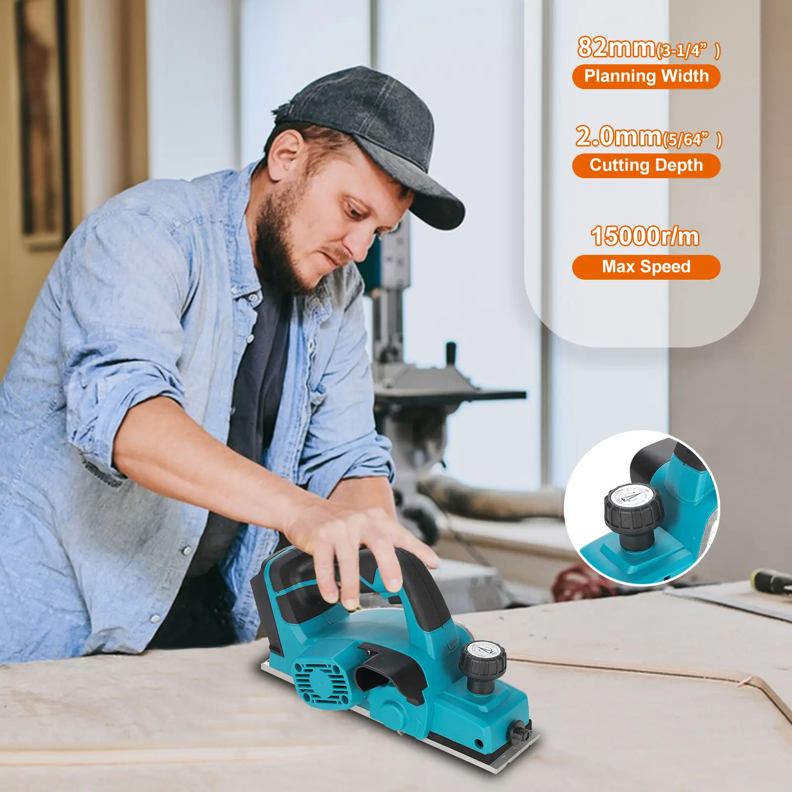 Heimerdinger 18V Rechargeable Lithium Battery Powered Handheld Woodworking Tool Brushless  Cordless Electric Planer, No battery
