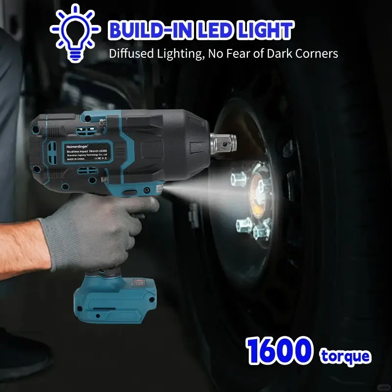 Heimerdinger 1600N cordless Brushless Impact Wrench LB268, Cordless Power Tool with LED Light, 3-Speed, High Torque, No battery
