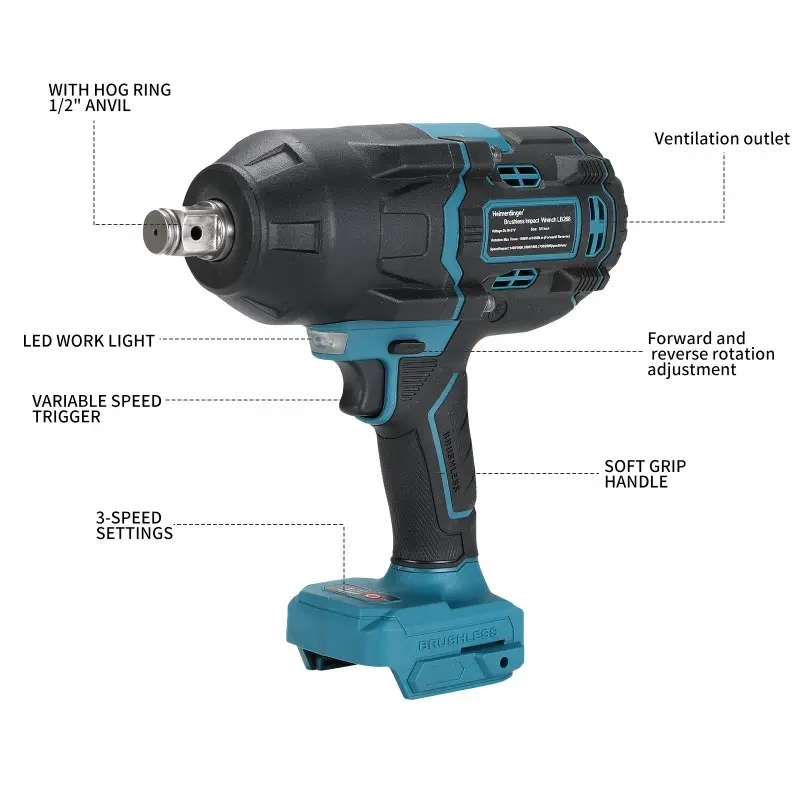 Heimerdinger 1600N cordless Brushless Impact Wrench LB268, Cordless Power Tool with LED Light, 3-Speed, High Torque, No battery