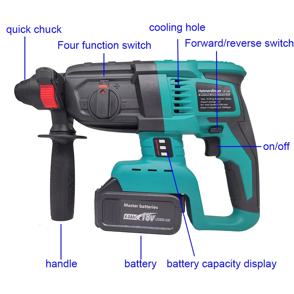 18V rechargeable lithium battery powered brushless cordless rotary hammer drill electric Hammer impact drill