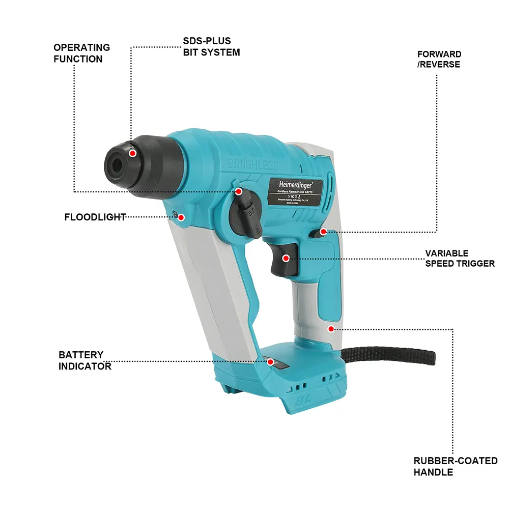 Brushless Hammer Drill, SDS-Plus Cordless Hammer Drill for Concrete Masonry,Stones, Cement, with 4 drill bits, No battery