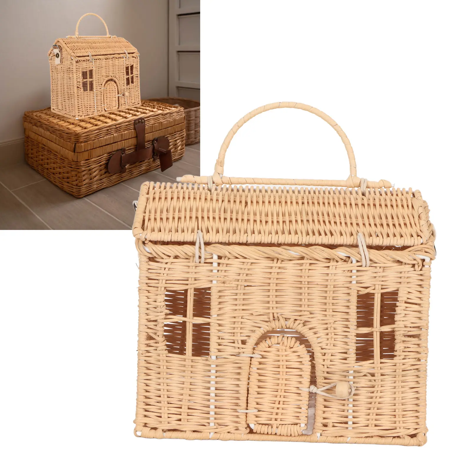Handwoven Rattan Bag House Shape Portable Handle Adjustable Strap Rattan Shoulder Bag for Beach Travel Outing
