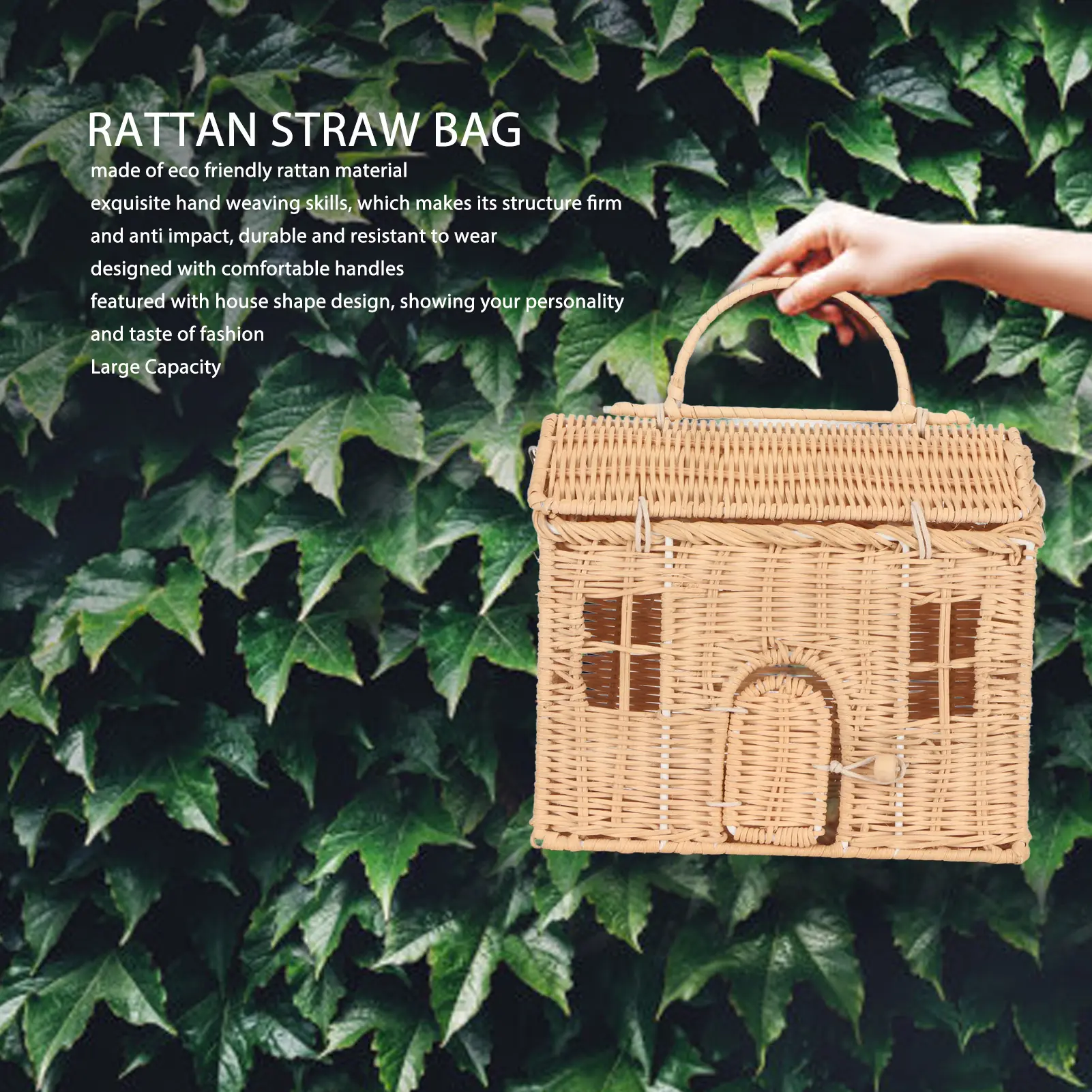 Handwoven Rattan Bag House Shape Portable Handle Adjustable Strap Rattan Shoulder Bag for Beach Travel Outing