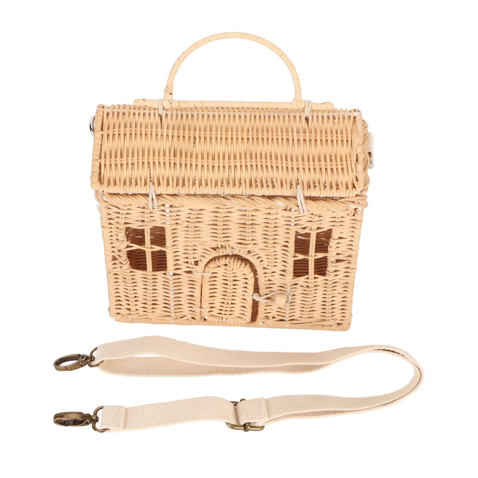 Handwoven Rattan Bag House Shape Portable Handle Adjustable Strap Rattan Shoulder Bag for Beach Travel Outing