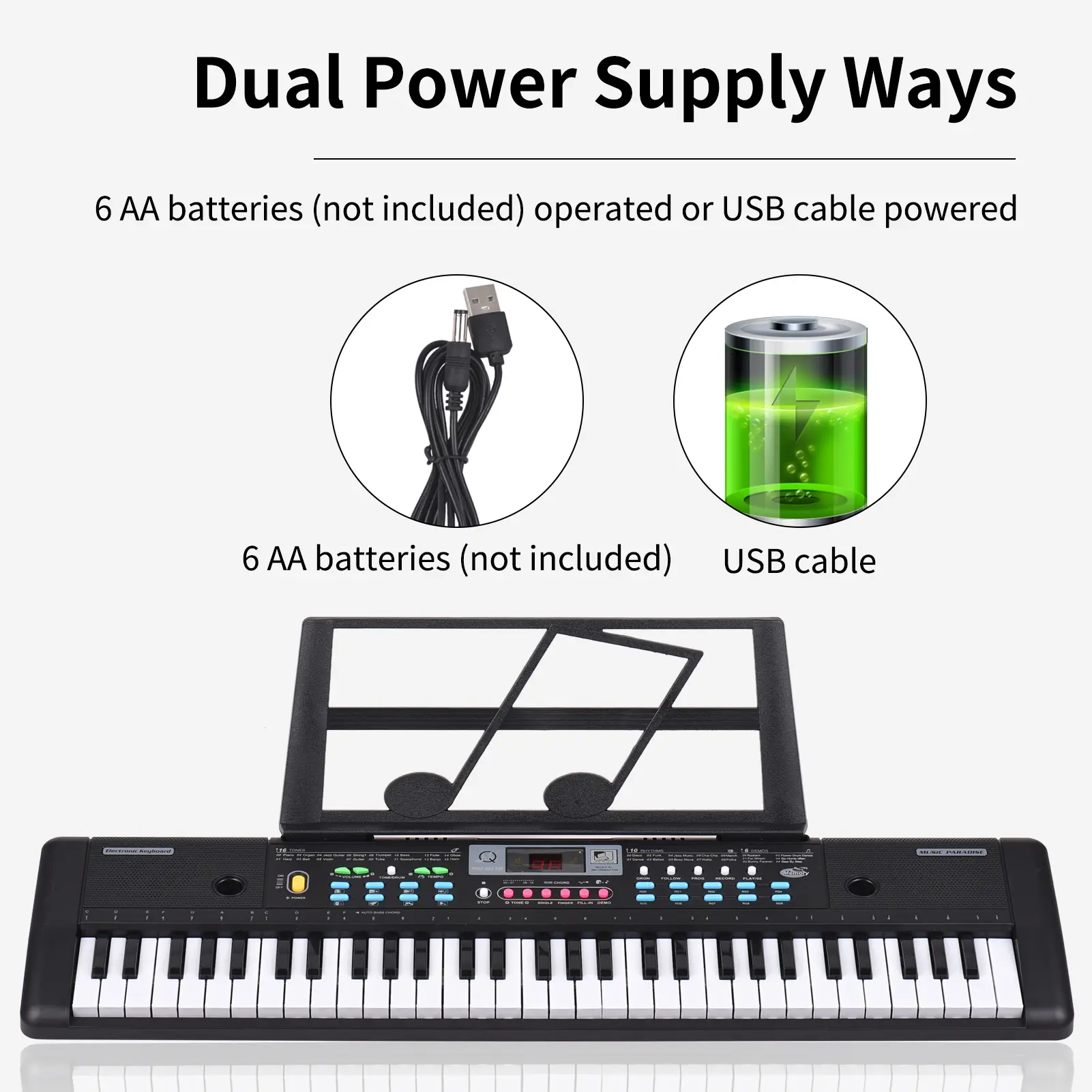 61 Keys USB Electronic Organ Kids Electric Piano with Microphone Black Digital Music Electronic Keyboard LED Display Built-in Du