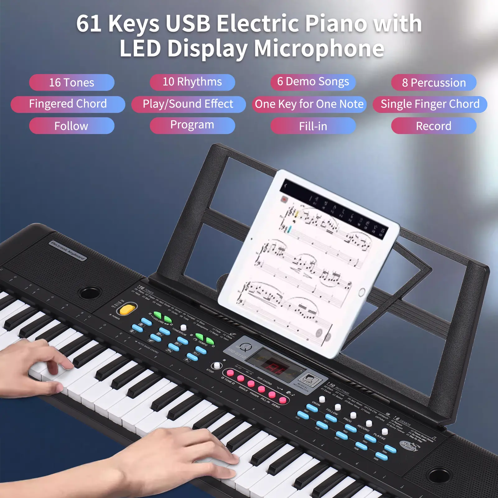 61 Keys USB Electronic Organ Kids Electric Piano with Microphone Black Digital Music Electronic Keyboard LED Display Built-in Du
