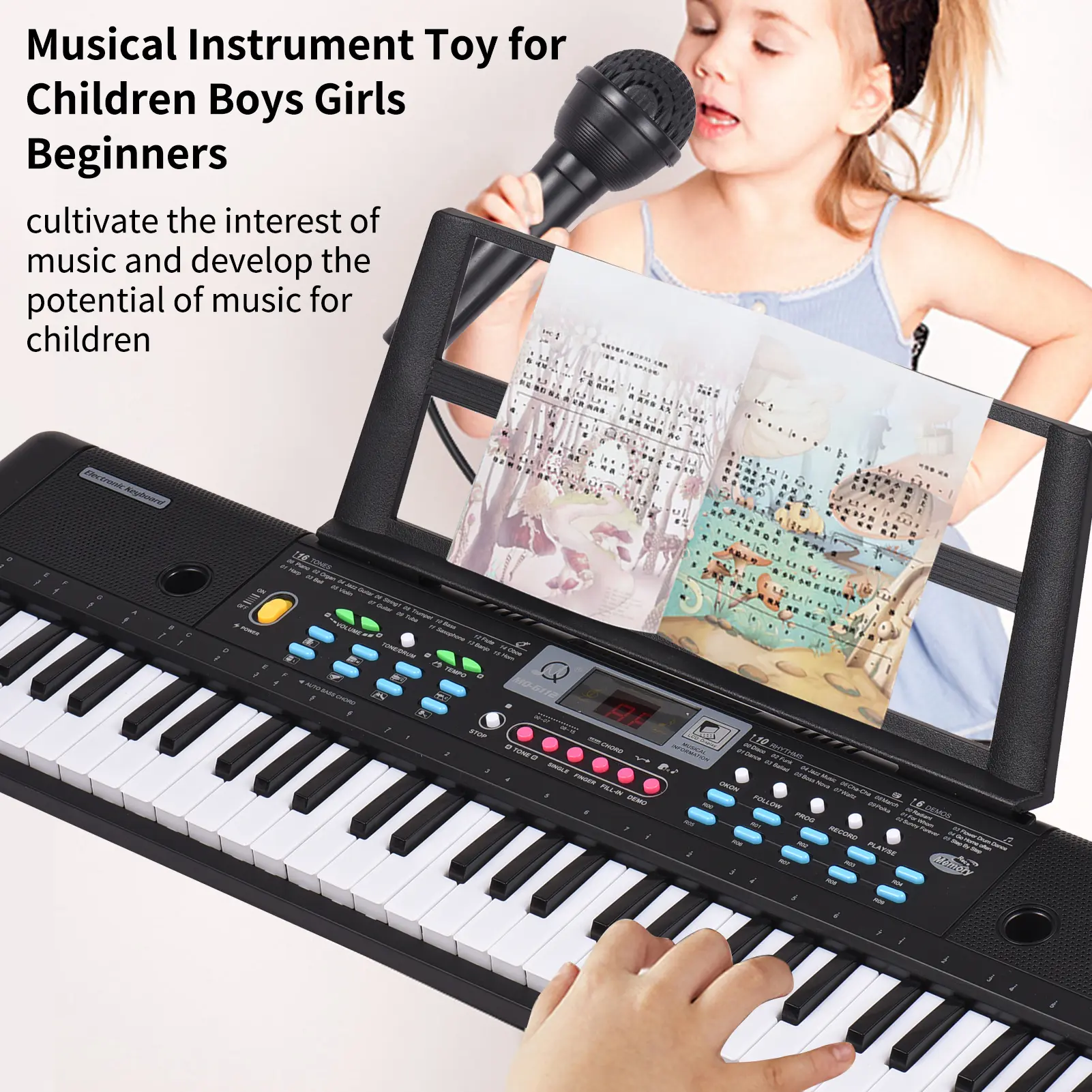 61 Keys USB Electronic Organ Kids Electric Piano with Microphone Black Digital Music Electronic Keyboard LED Display Built-in Du