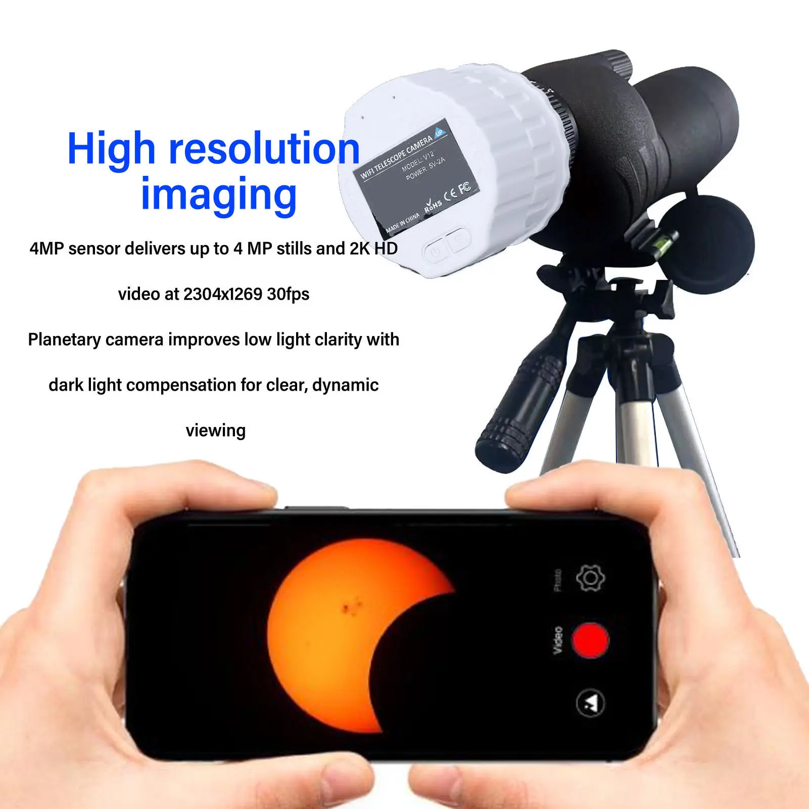 WiFi Telescope Eyepiece Camera Built in App 4MP WiFi Wireless Digital Eyepiece for 1.18‑1.97in Sighting Telescope