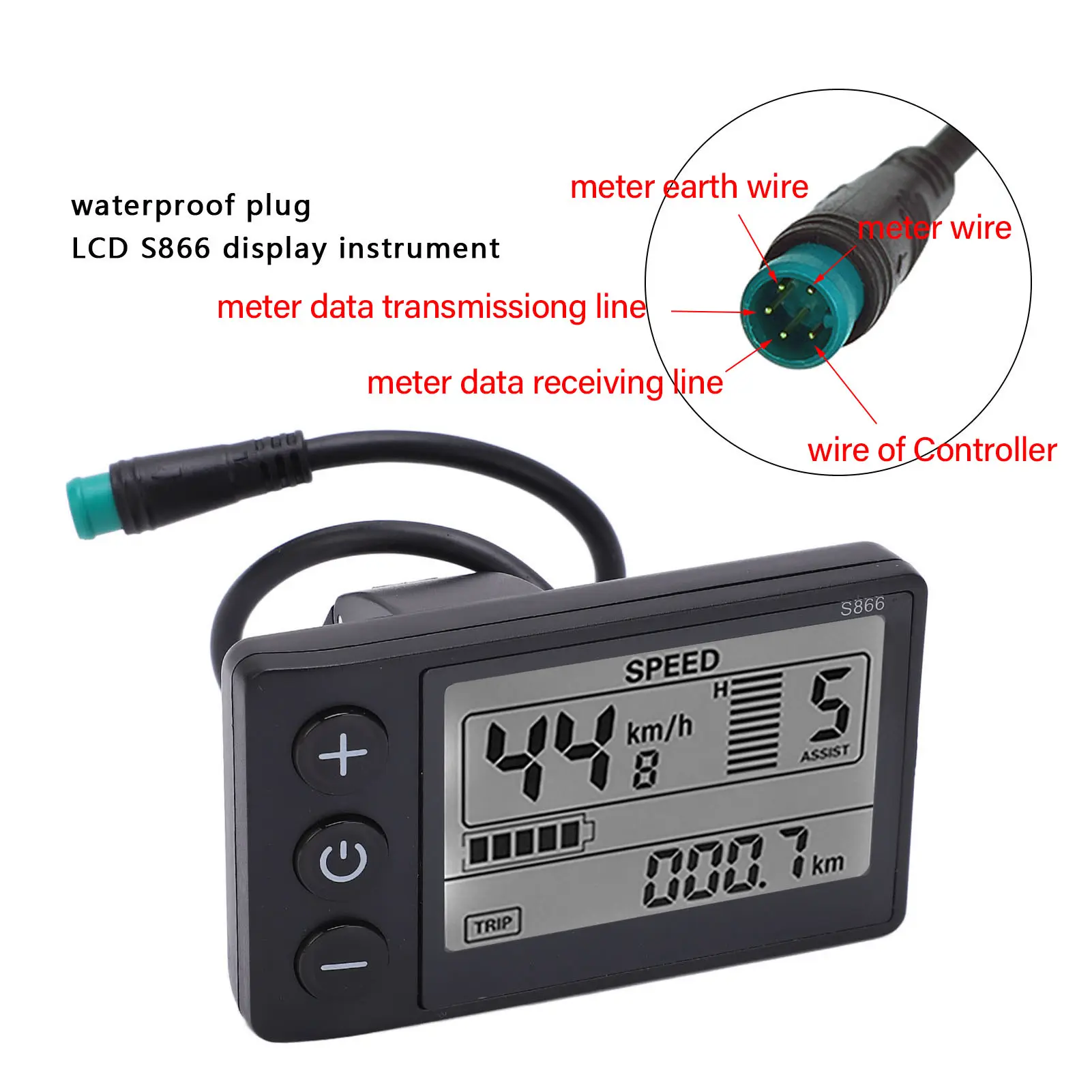 S866 Electric Bike LCD Display Meter 24V 36V 48V Control Panel with Waterproof Plug