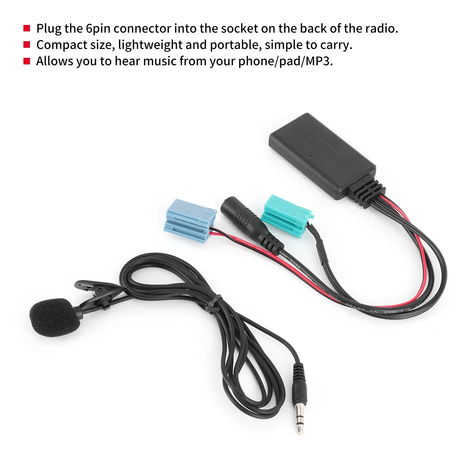 6Pin   Cable Car Stereo AUX‑IN Adapter with Microphone Fit for Clio/Espace/Megane