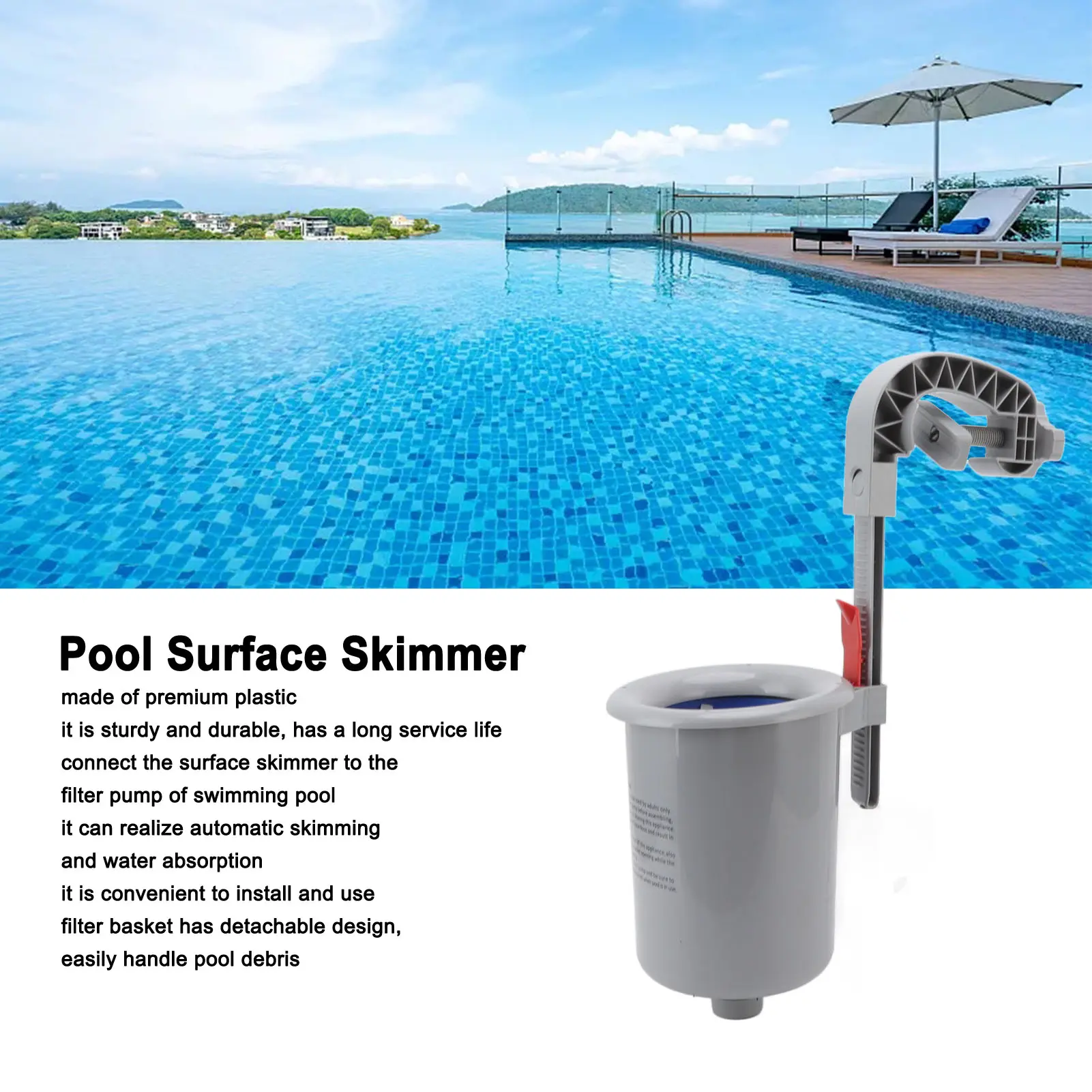 Pool Surface Skimmer Plastic Gray Wall Mounted Automatic Cleaner Filter Debris Collector for Swimming Pool