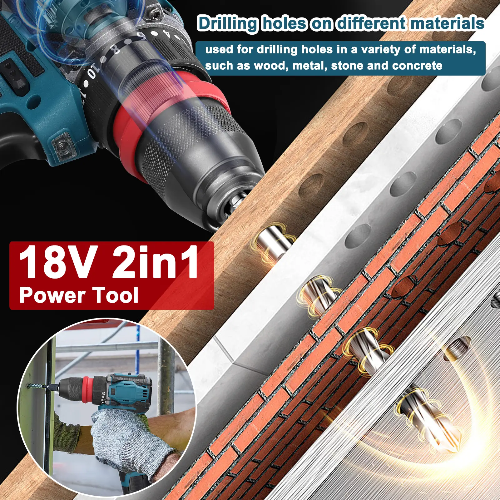18V 2in1 Lithium Drill Electric Screwdriver Multi-function Power Tool 45Nm Torque Brushless Motor Practical Screw Driver for Hom