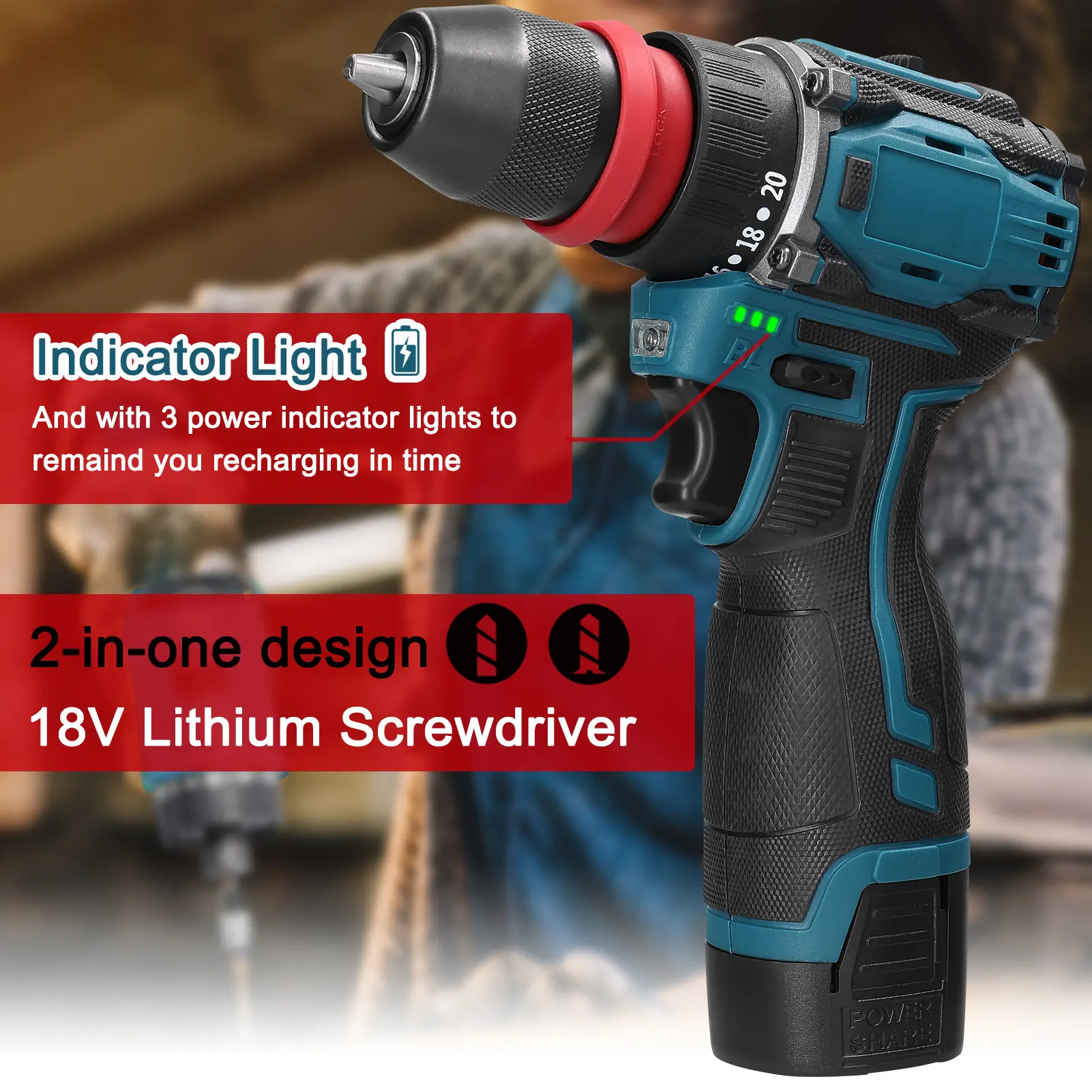 18V 2in1 Lithium Drill Electric Screwdriver Multi-function Power Tool 45Nm Torque Brushless Motor Practical Screw Driver for Hom
