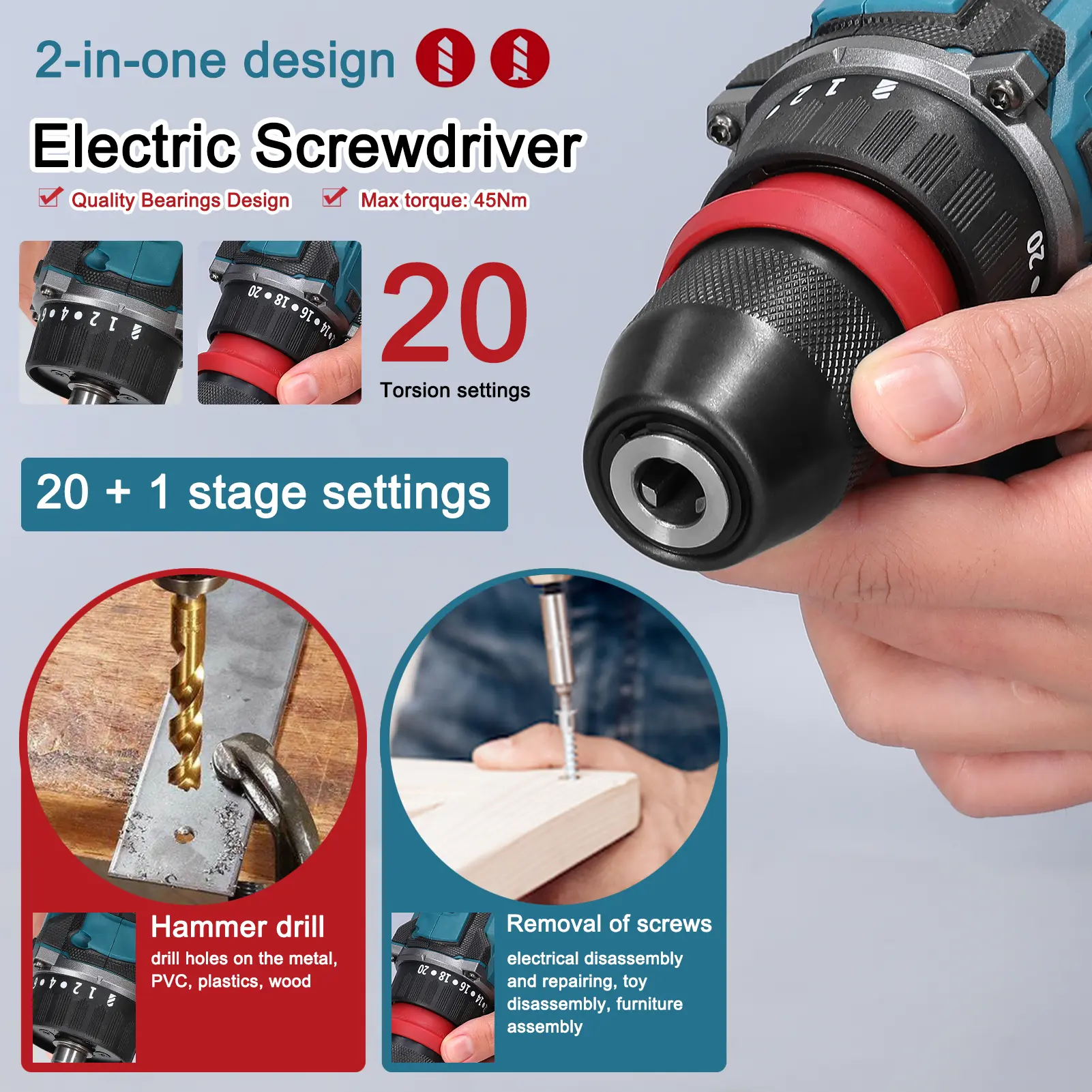 18V 2in1 Lithium Drill Electric Screwdriver Multi-function Power Tool 45Nm Torque Brushless Motor Practical Screw Driver for Hom