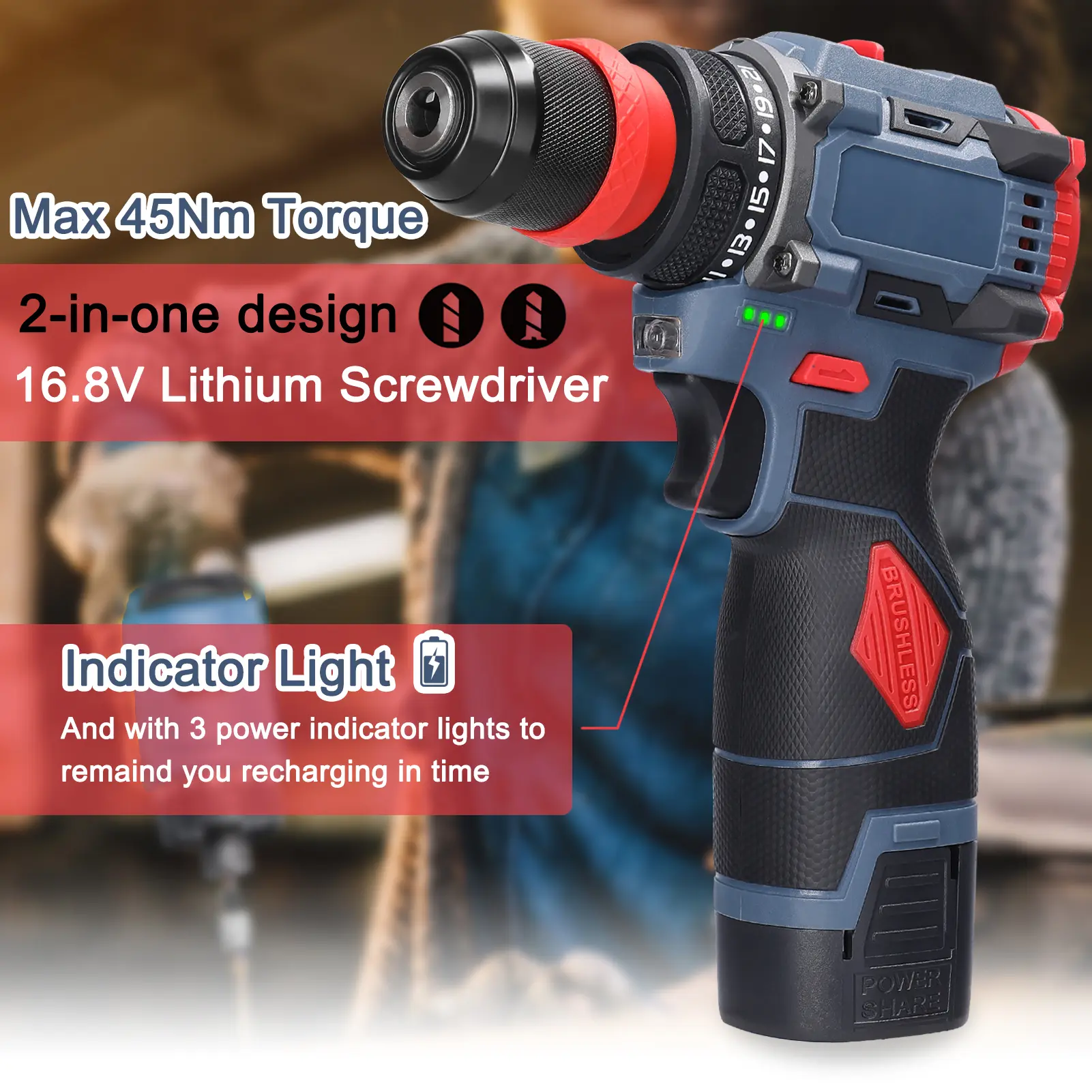 16.8V 2in1 Lithium Drill Electric Screwdriver Multi-function Power Tool 45Nm  Brushless Motor Practical Screw Driver for Home Ap