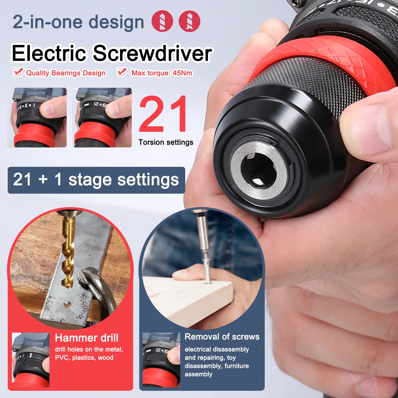 16.8V 2in1 Lithium Drill Electric Screwdriver Multi-function Power Tool 45Nm  Brushless Motor Practical Screw Driver for Home Ap