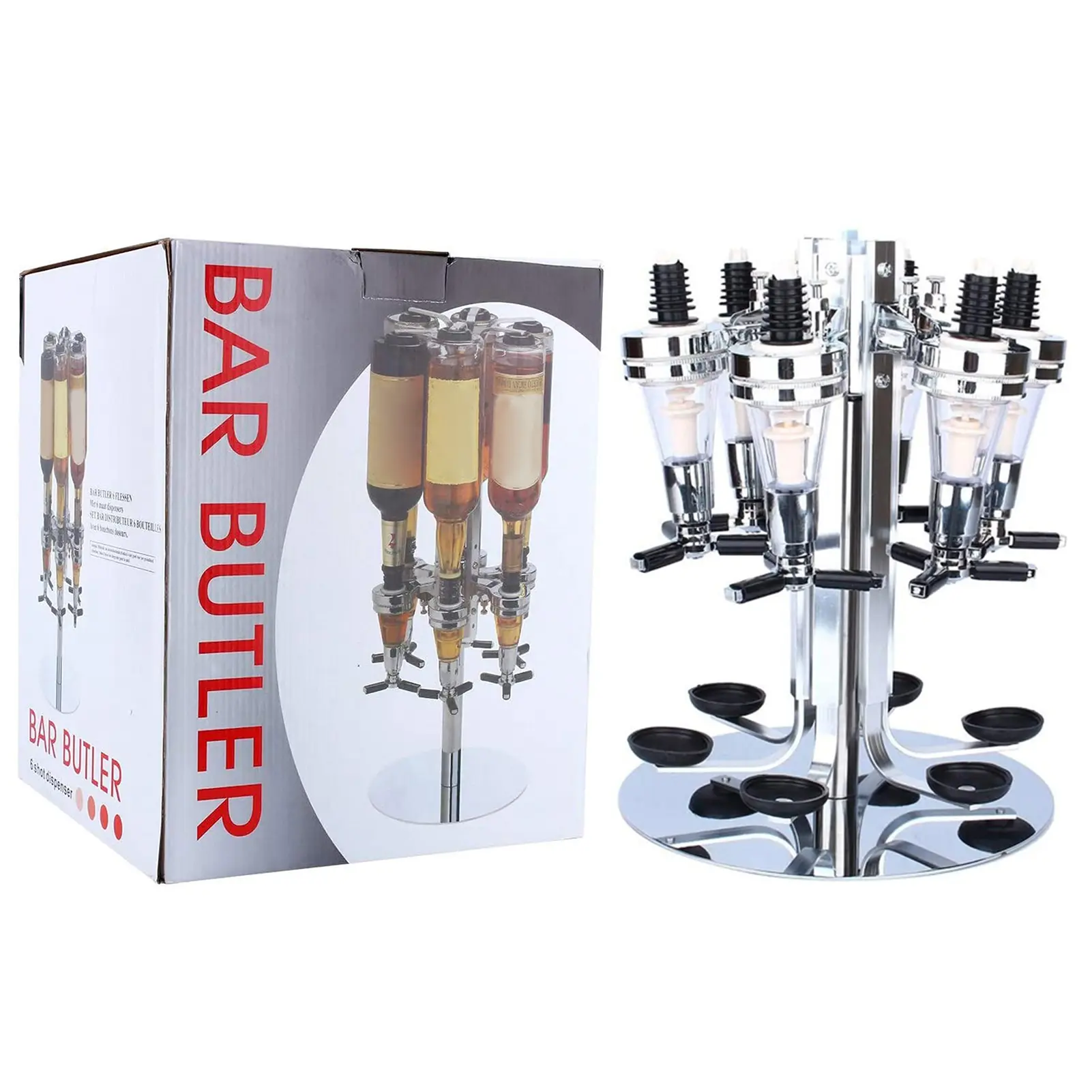 Rotating Wall Mounted 6 Bottle Stand Optic Dispenser Drinks Wine Steel Bar Butler