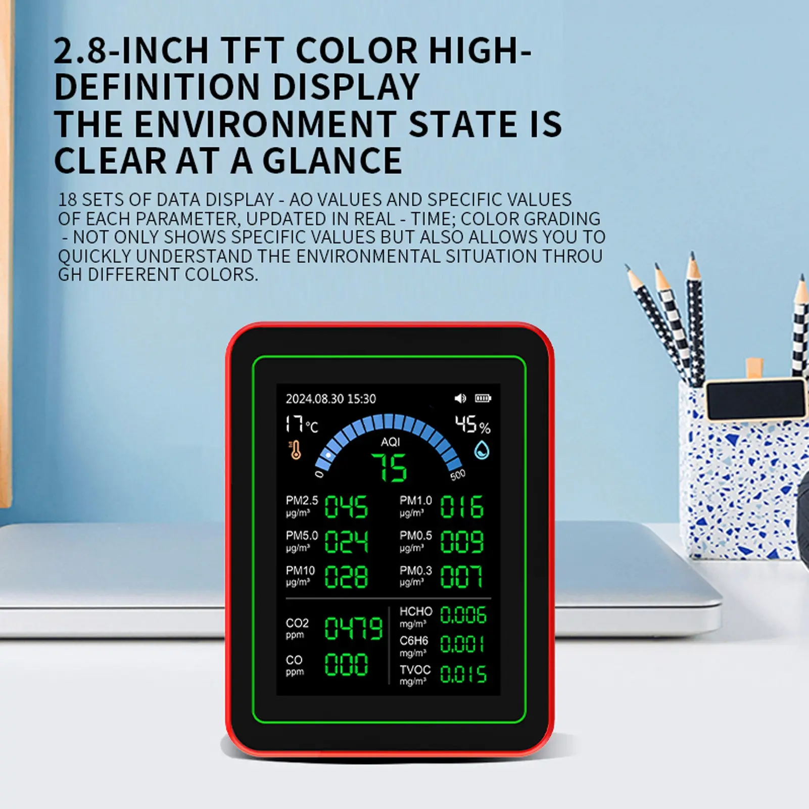 Air Quality Meter 18 in 1 CO2 TVOC HCHO PM2.5 PM10 Temp Humid Detect Tester Indoor Battery Powered Data Storage
