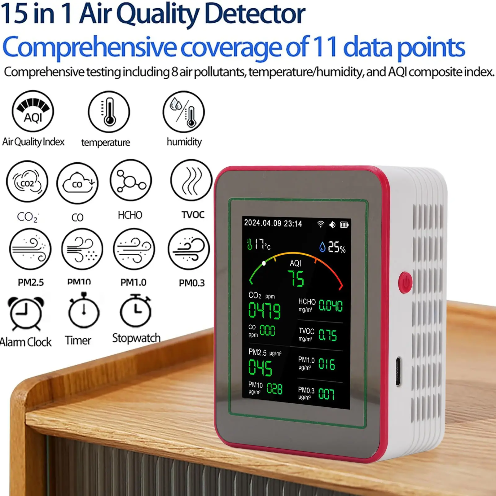 Air Quality Meter 18 in 1 CO2 TVOC HCHO PM2.5 PM10 Temp Humid Detect Tester Indoor Battery Powered Data Storage