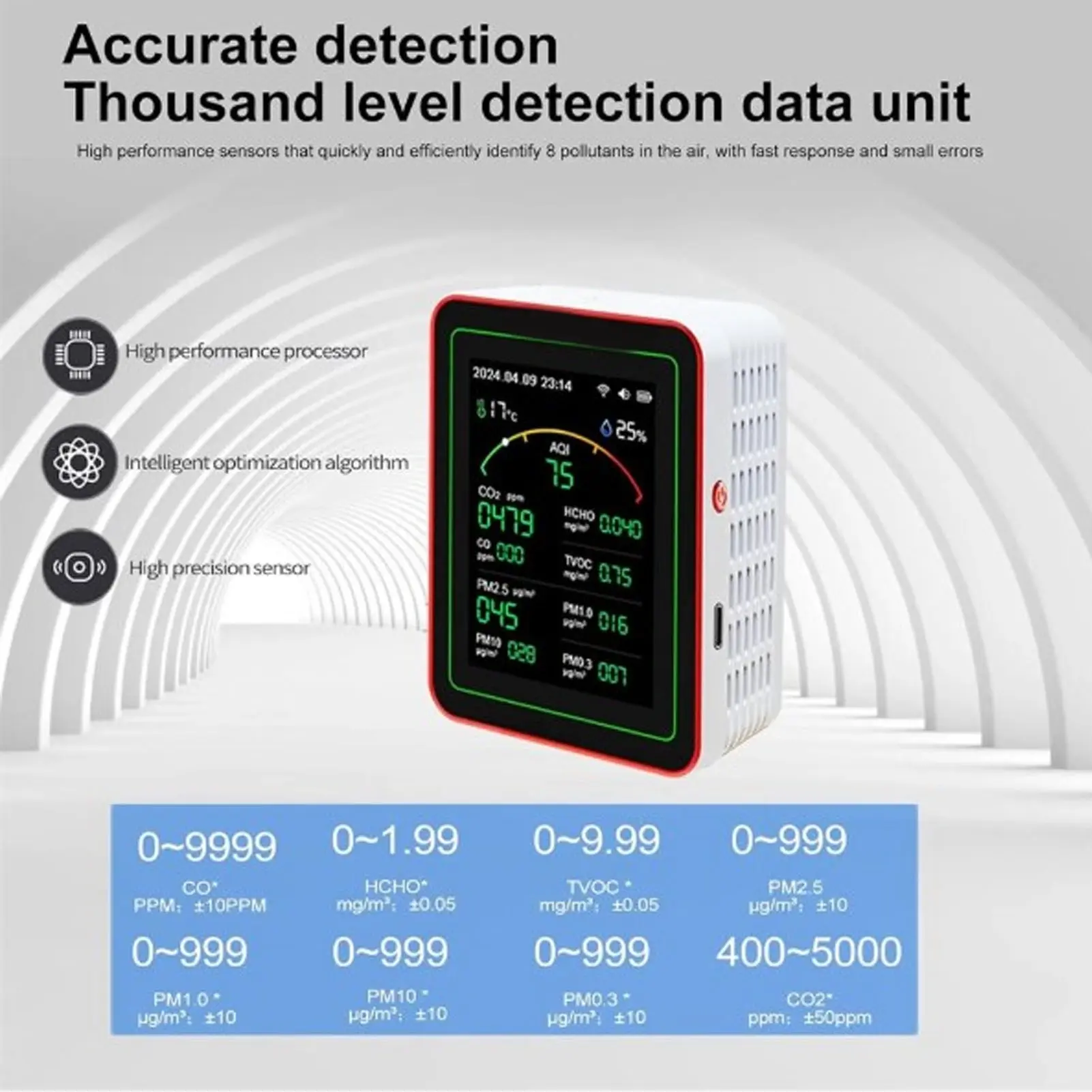 Air Quality Meter 18 in 1 CO2 TVOC HCHO PM2.5 PM10 Temp Humid Detect Tester Indoor Battery Powered Data Storage