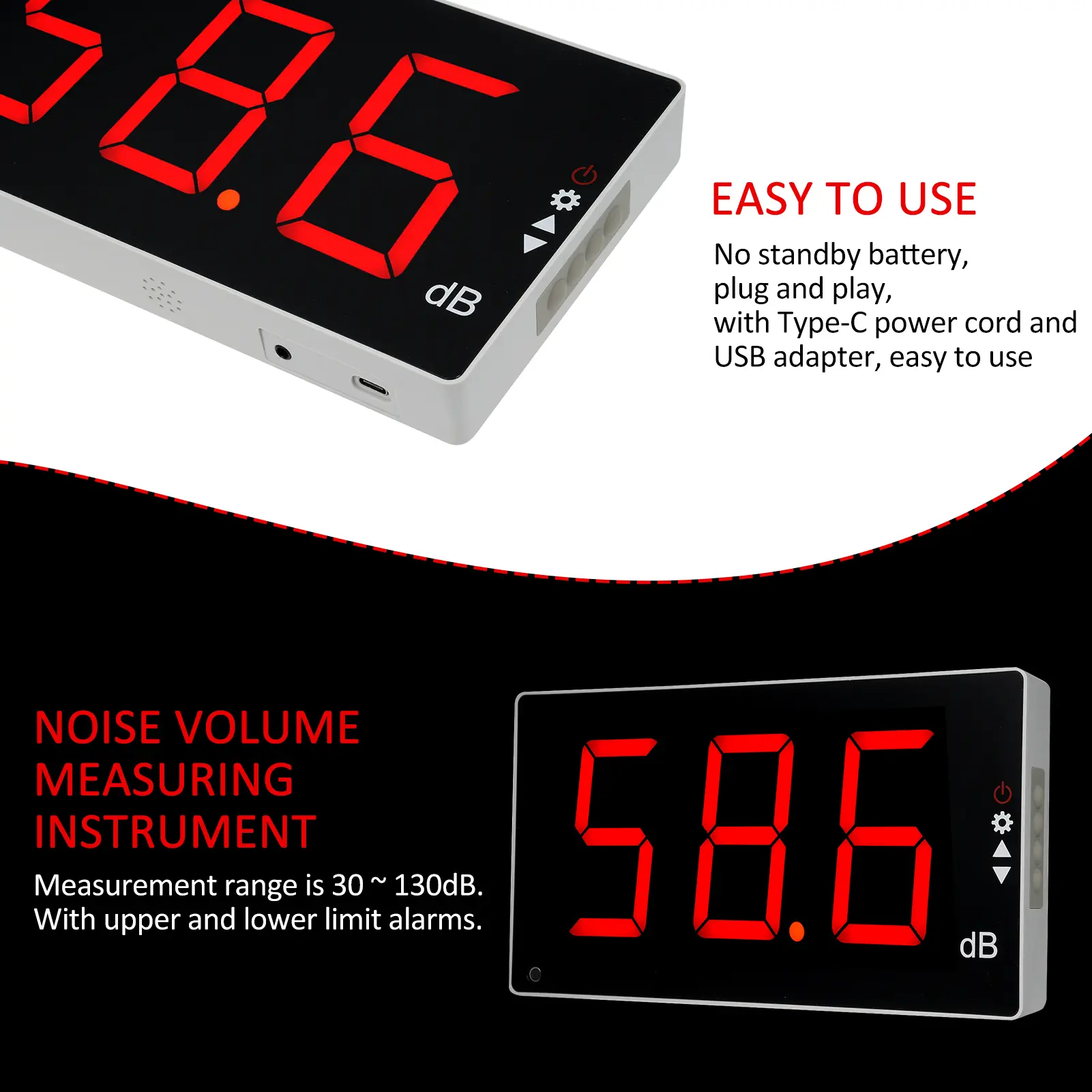 Sound Level Meter with Large LCD Screen Wall Mounted Digital Sound Level Meter Digital Noise Meter Decibel Monitoring Tester Noi
