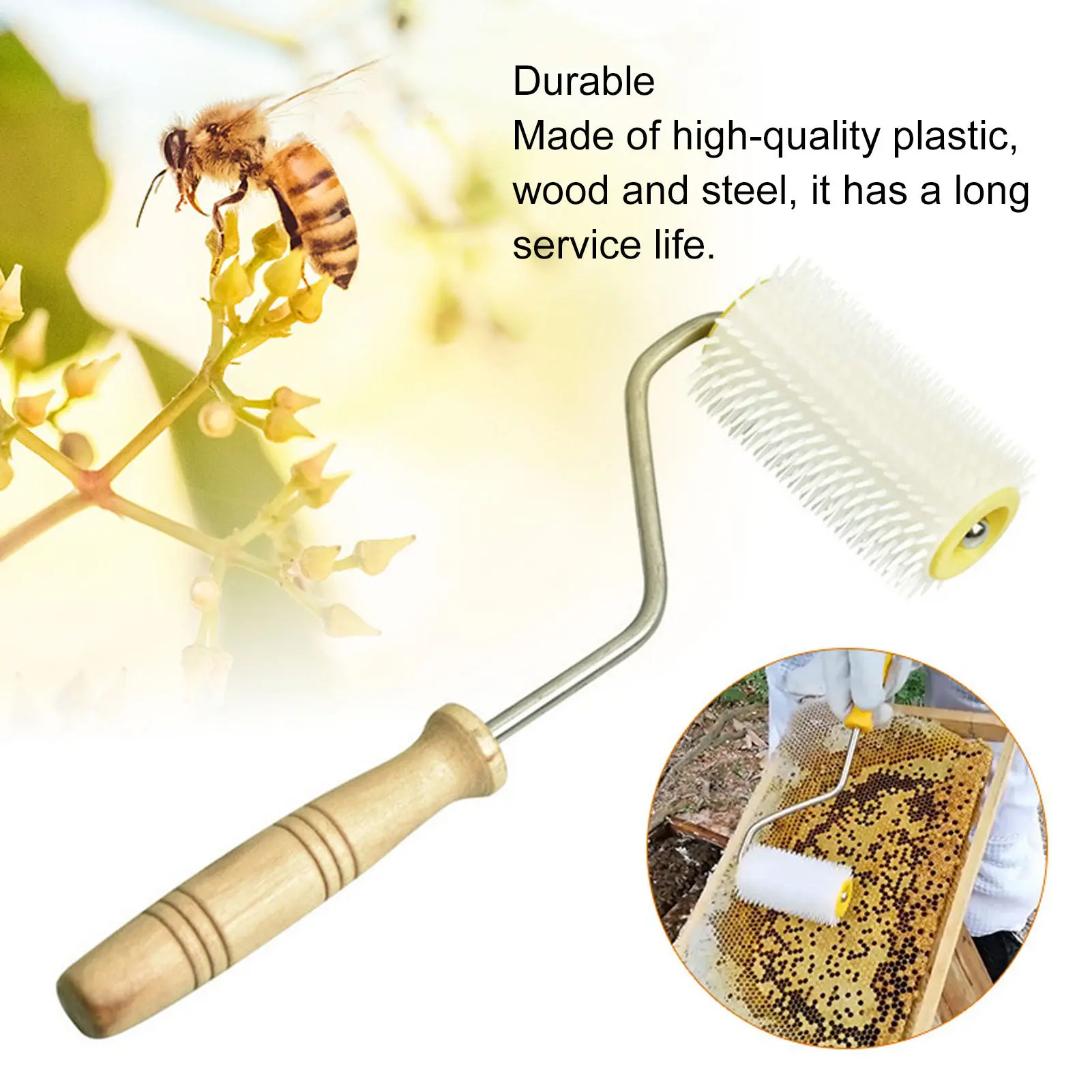 Plastic Honey Uncapping Roller with Wooden Handle Beehive Extracting Roller Beekeeping Tool