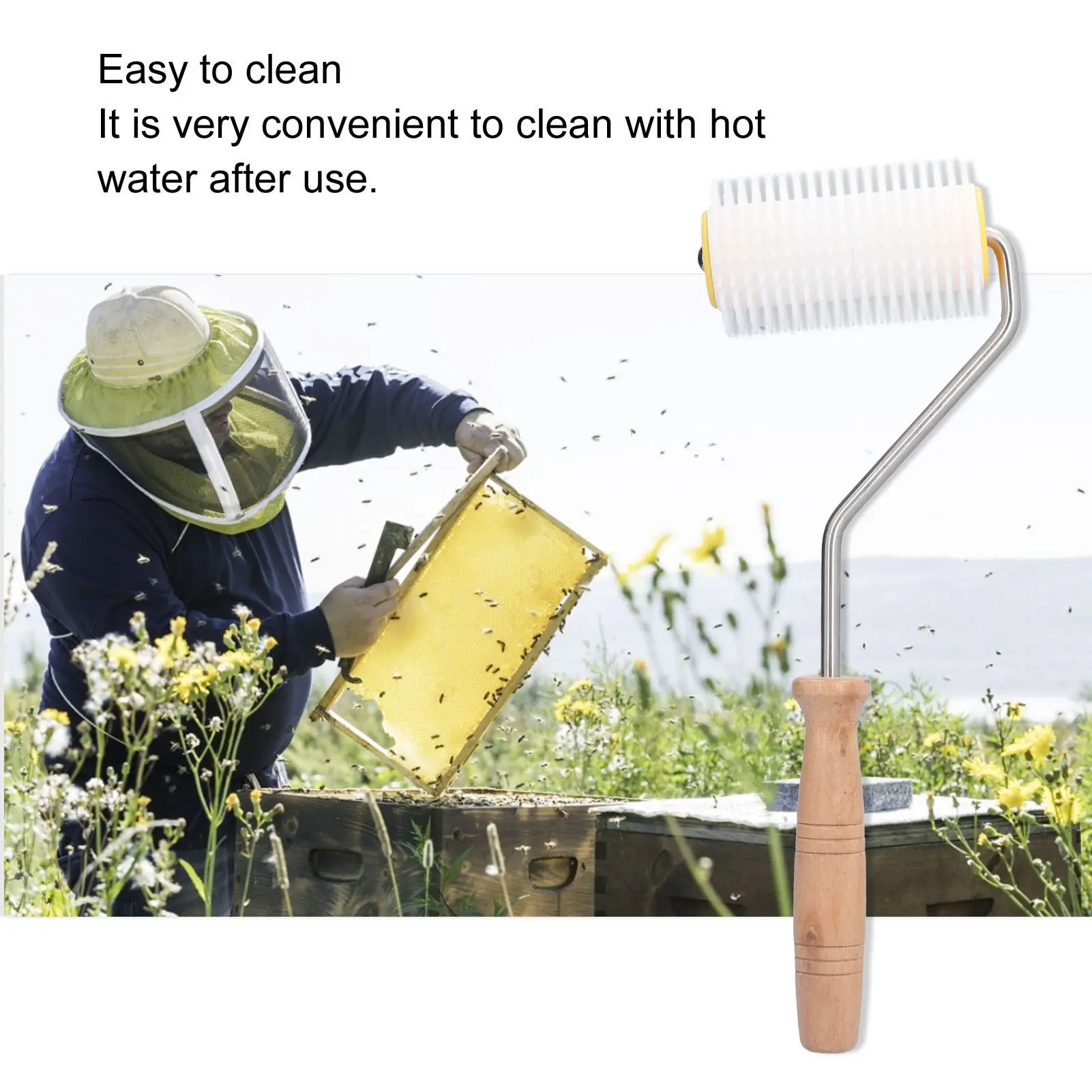 Plastic Honey Uncapping Roller with Wooden Handle Beehive Extracting Roller Beekeeping Tool