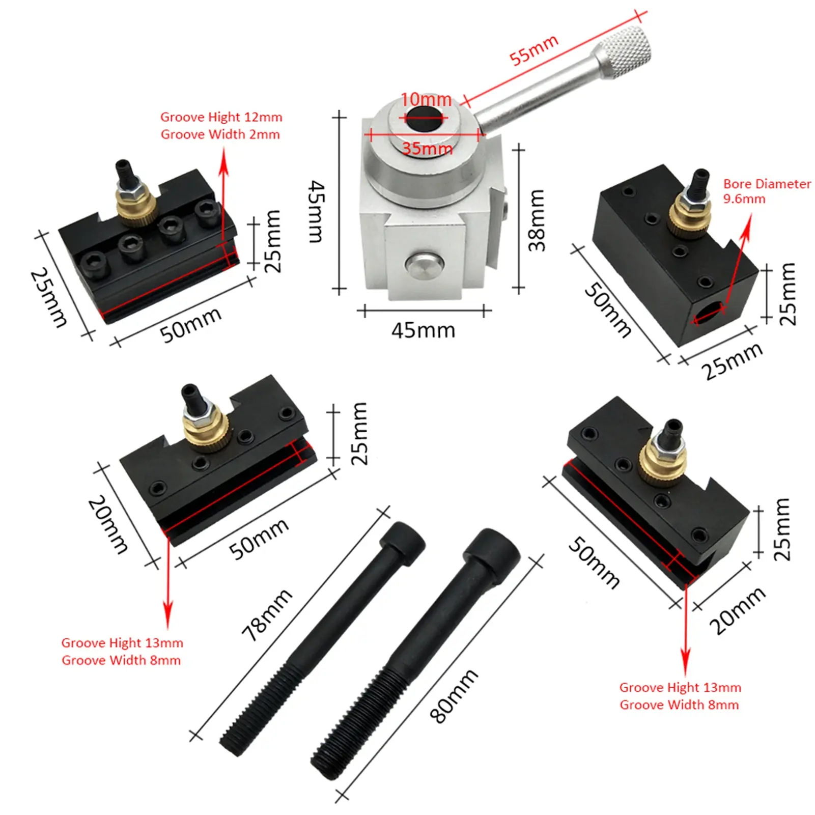 Mini Quick Change Tool Lathe Tool Holder Post Cutter Holder Screw Kit Set Boring Bar Turning Facing Holder