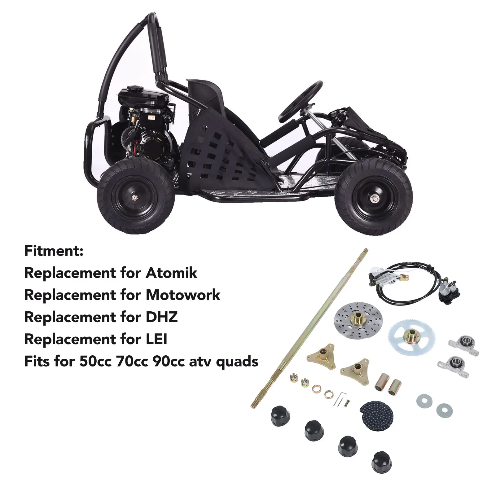 29in Go Kart Rear Live Axle Assembly Kit Axle Sprocket Chain Brake Disc Caliper Wheel Hubs Replacement for 50cc 70cc 90cc ATV Qu