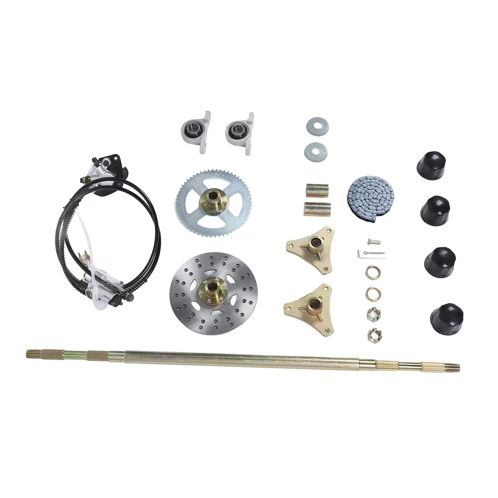 29in Go Kart Rear Live Axle Assembly Kit Axle Sprocket Chain Brake Disc Caliper Wheel Hubs Replacement for 50cc 70cc 90cc ATV Qu