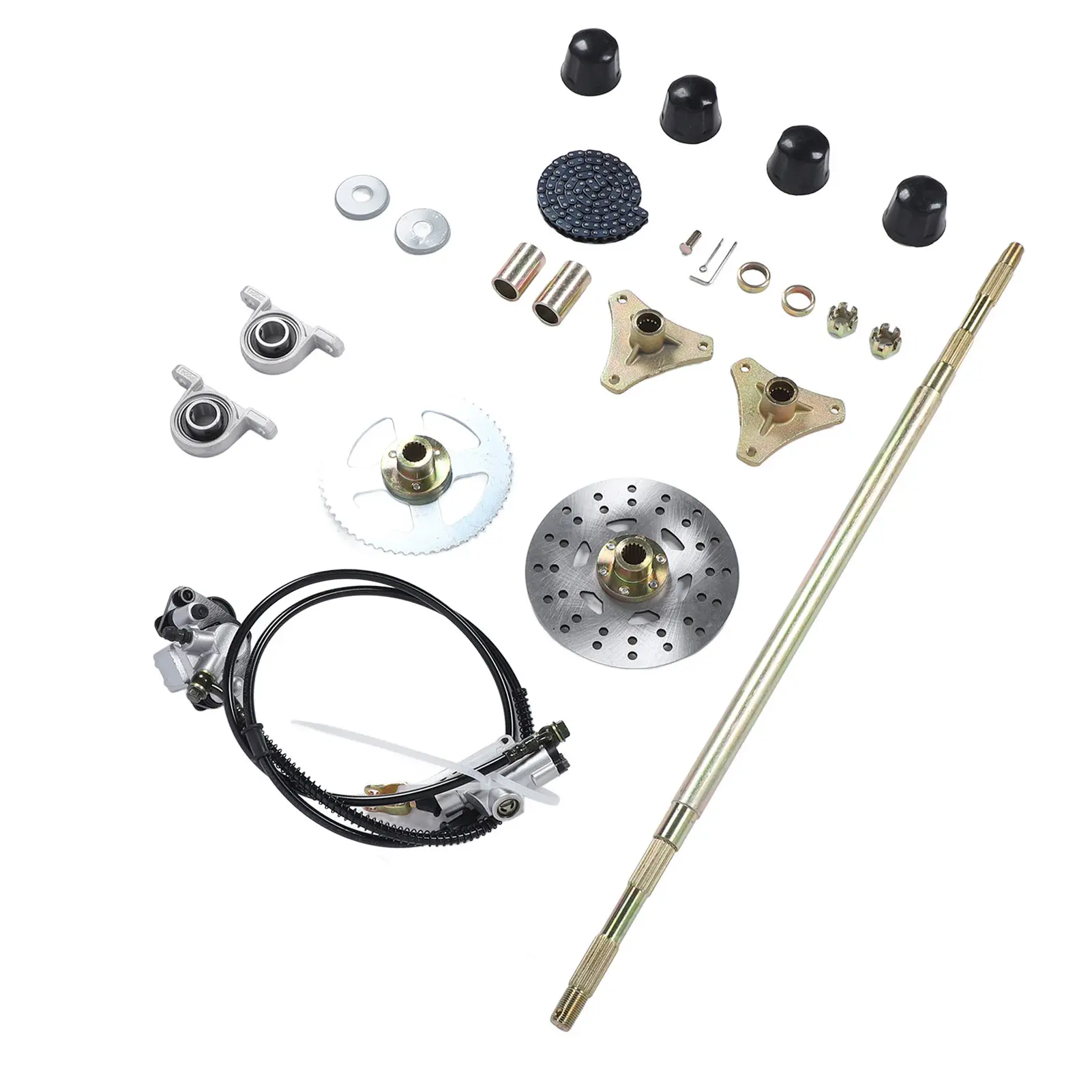 29in Go Kart Rear Live Axle Assembly Kit Axle Sprocket Chain Brake Disc Caliper Wheel Hubs Replacement for 50cc 70cc 90cc ATV Qu