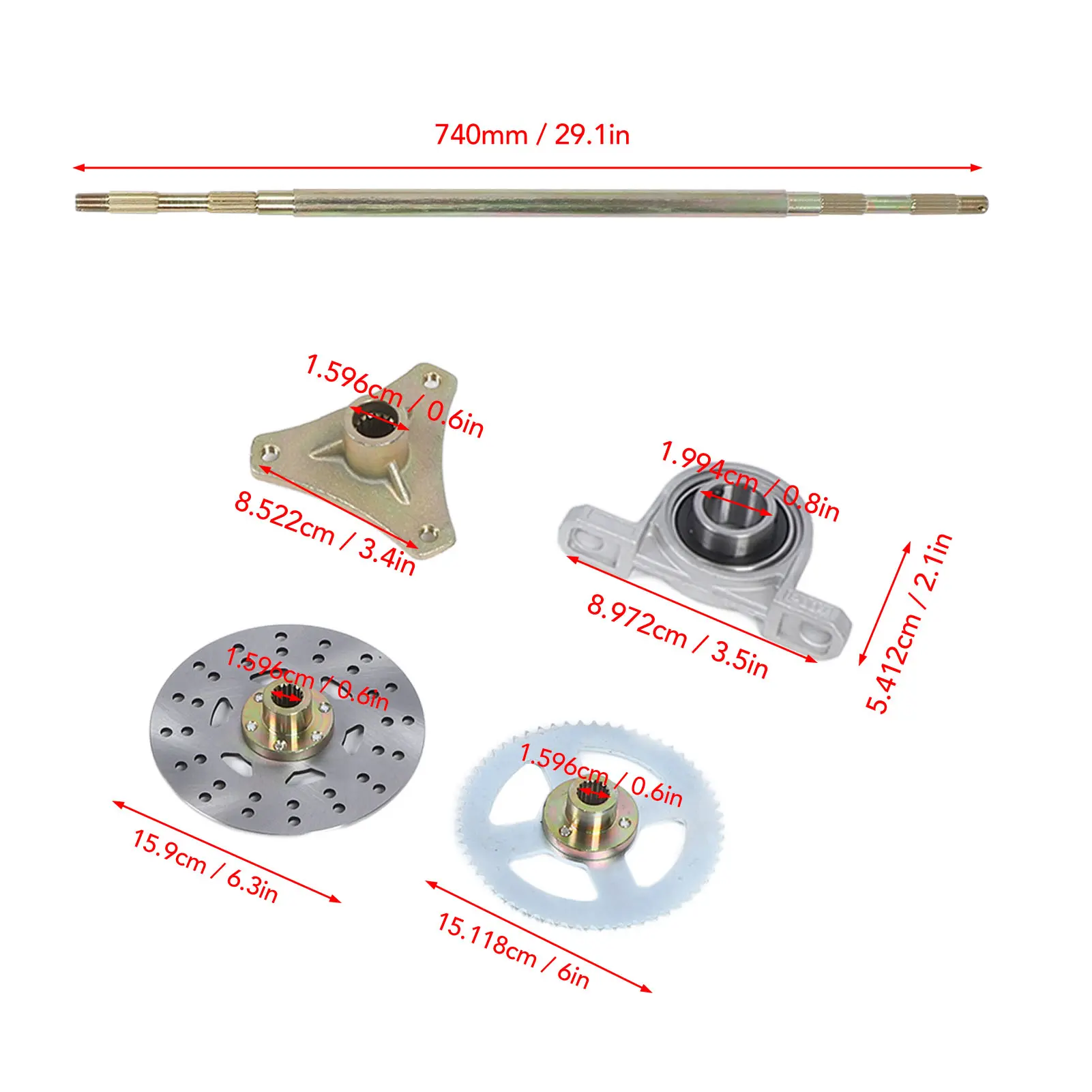 29in Go Kart Rear Live Axle Assembly Kit Axle Sprocket Chain Brake Disc Caliper Wheel Hubs Replacement for 50cc 70cc 90cc ATV Qu