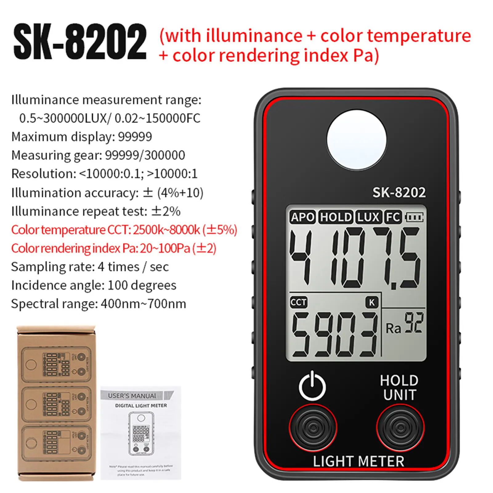 Color Temperature Tester High Precise Illuminance Meter 0.5-300000LUX LED Illumination Test Meter Photographic Luminance Measuri