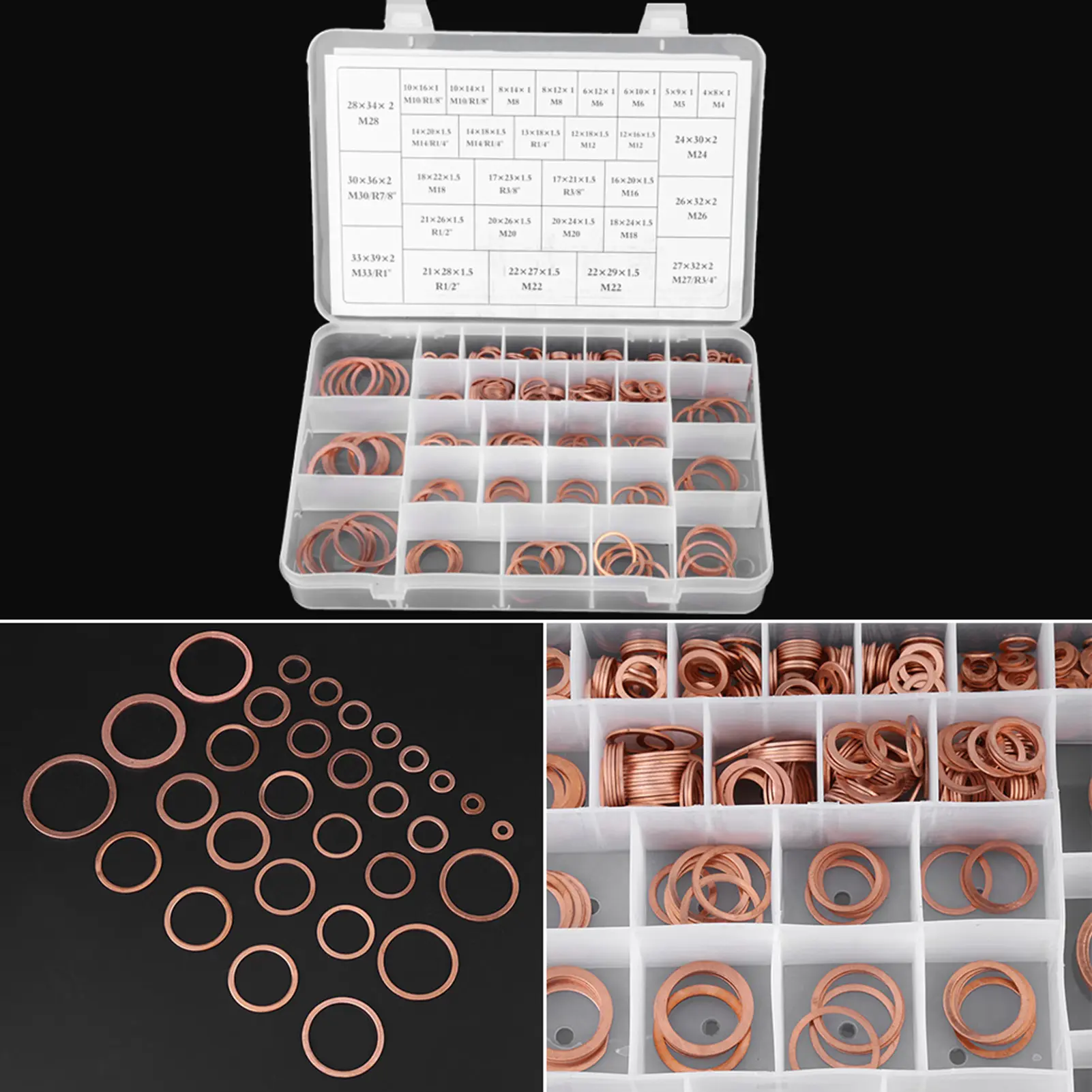 570pcs Sump Plug Washers 30 Sizes Copper Washers Flat Ring Set Kit with Plastic Box