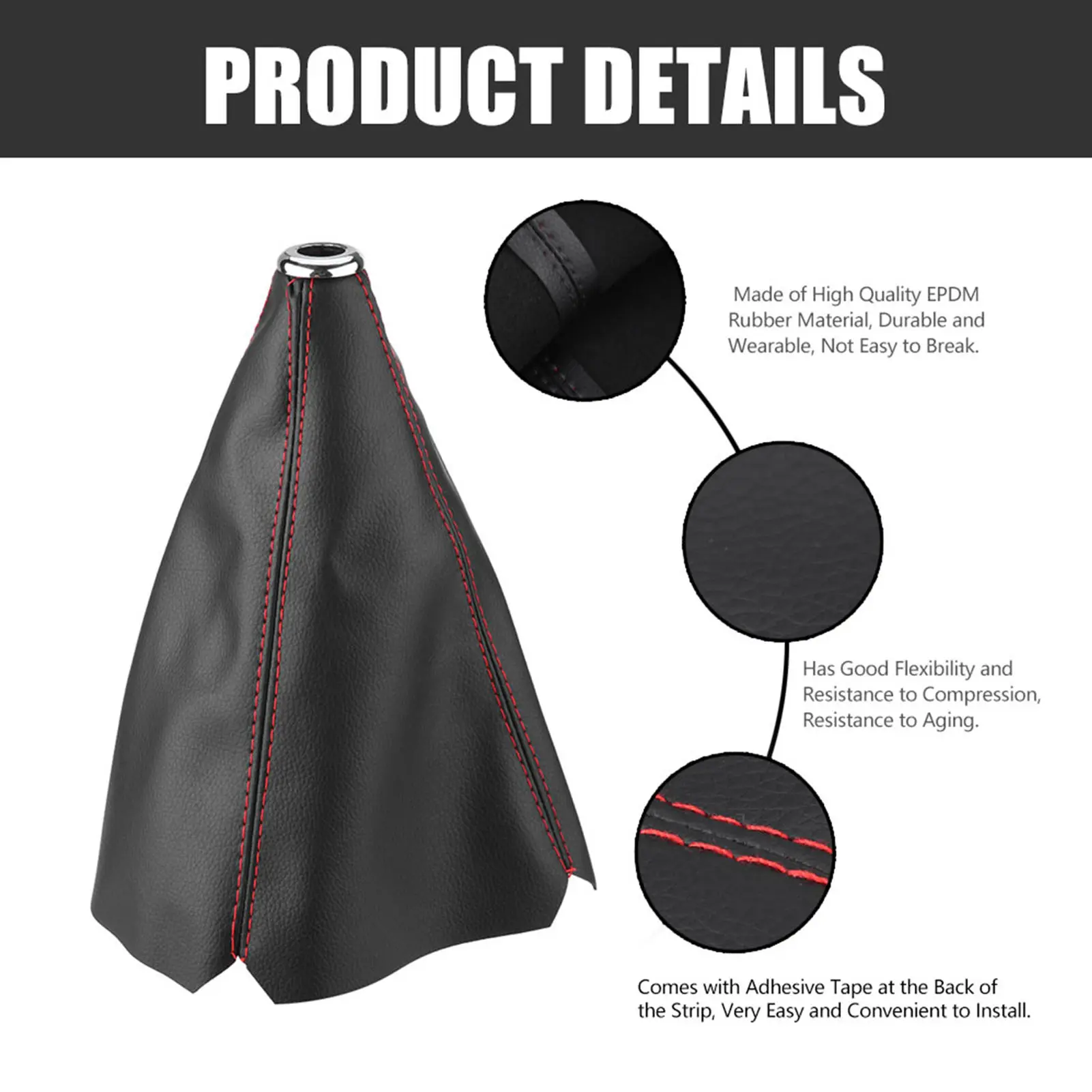 Bright Black PU Leather Gear  Knob Cover Red Stitch Gear Gaiter Boot Cover