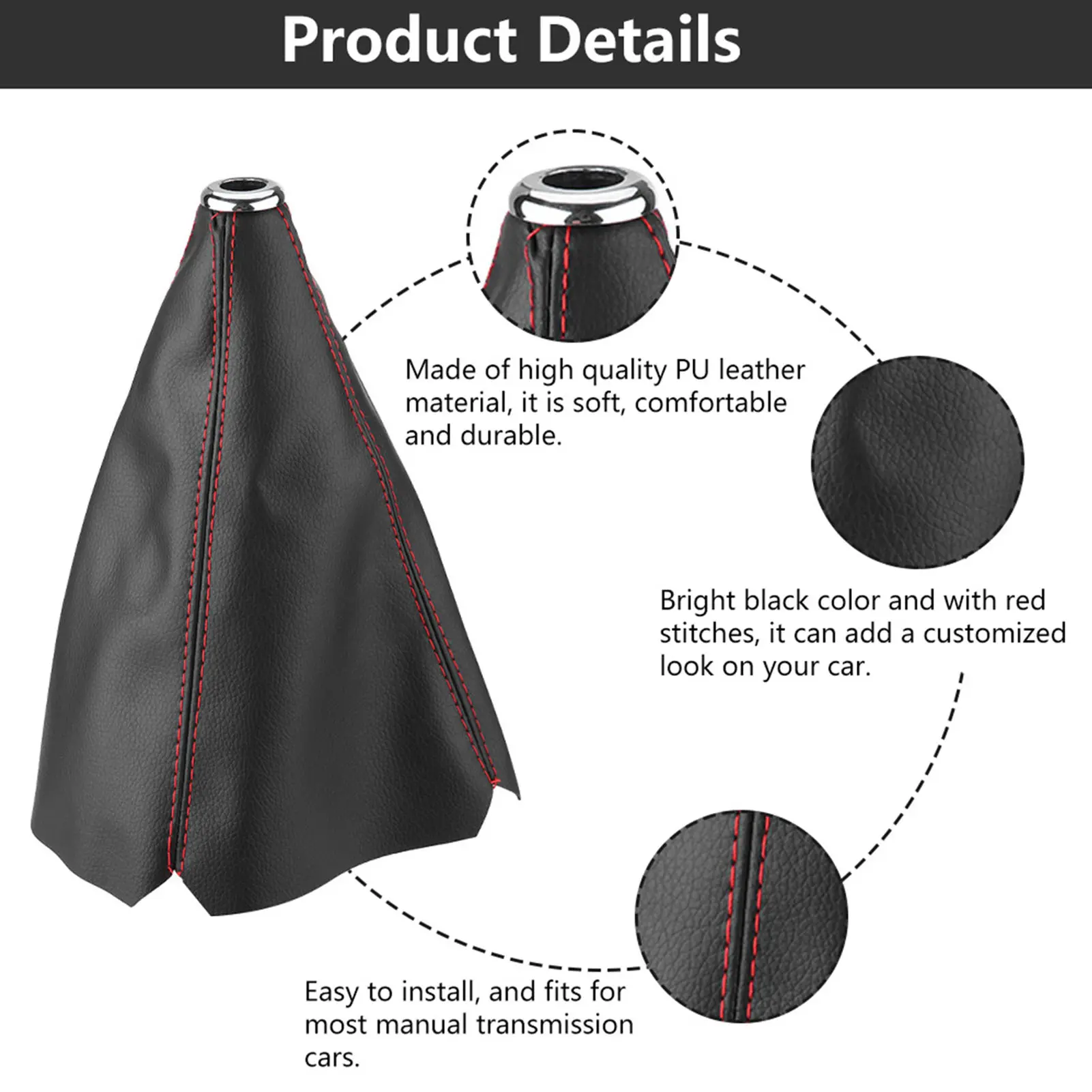 Bright Black PU Leather Gear  Knob Cover Red Stitch Gear Gaiter Boot Cover
