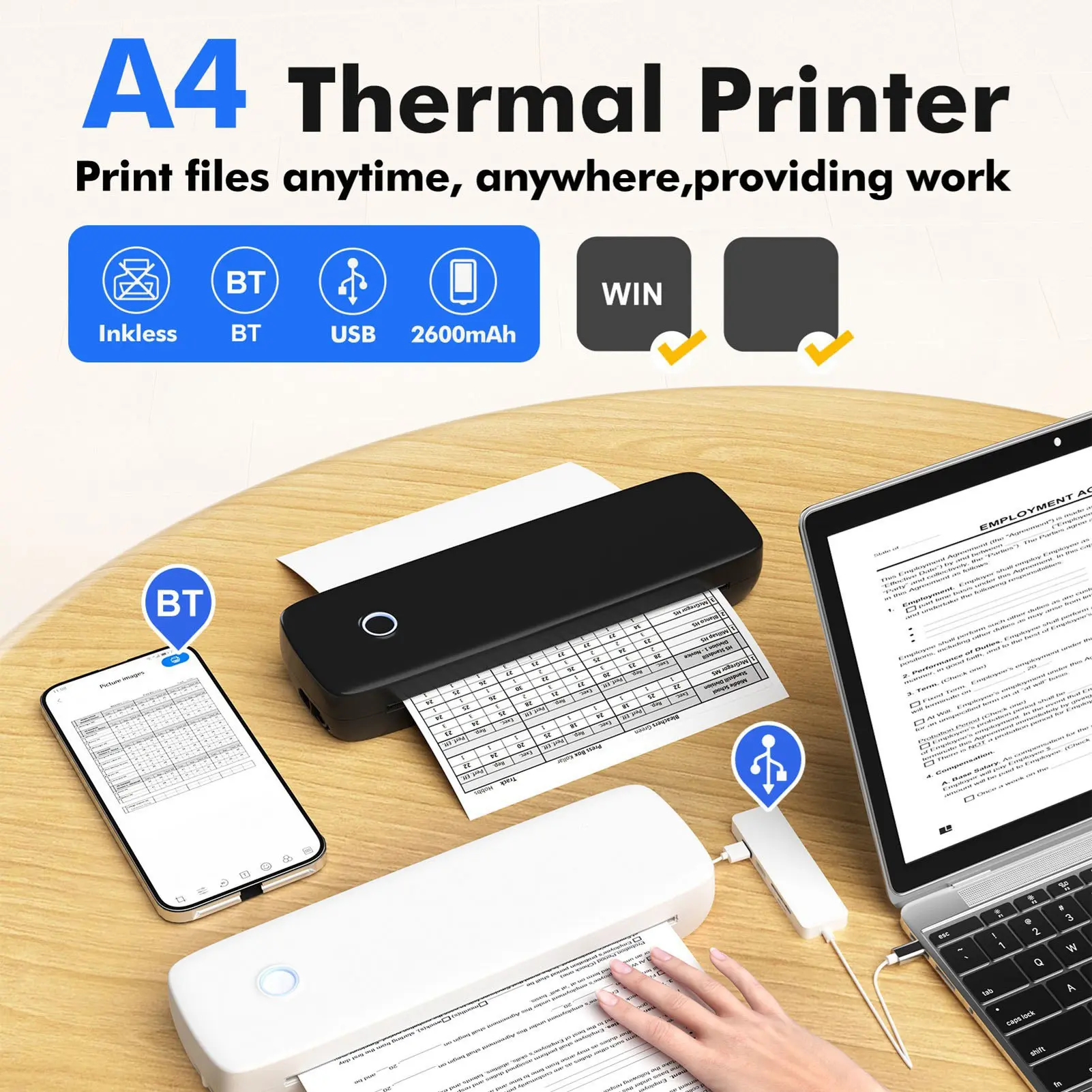 Thermal Printer BT USB Connection 203dpi Multifunction A4 Photo Printer for Files Pictures Posters