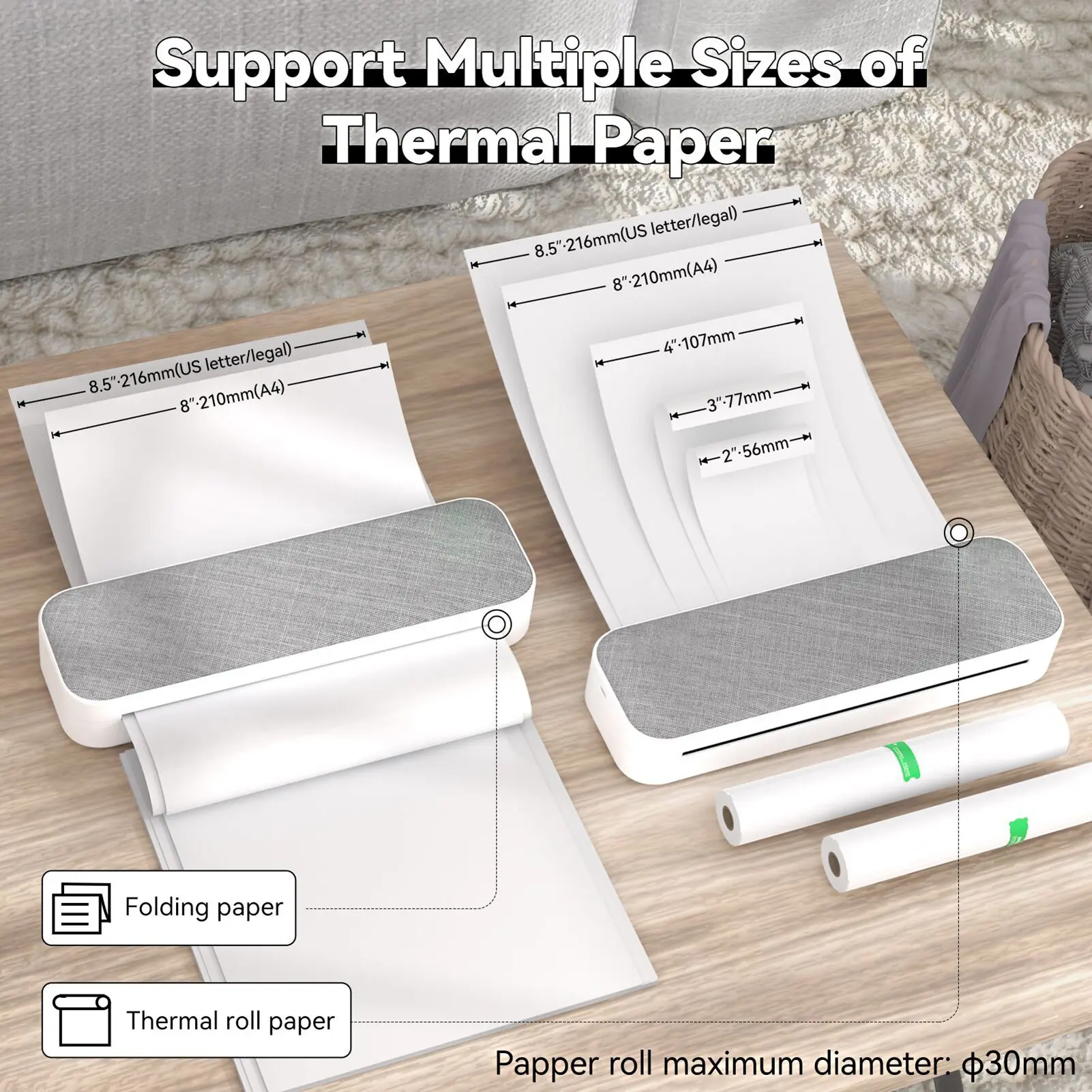 A4 Paper Printer Direct Thermal Transfer Wireless Printer Mobile 210mm Mini Mobile Photo Printer USB BT Connection with 1 Roll T
